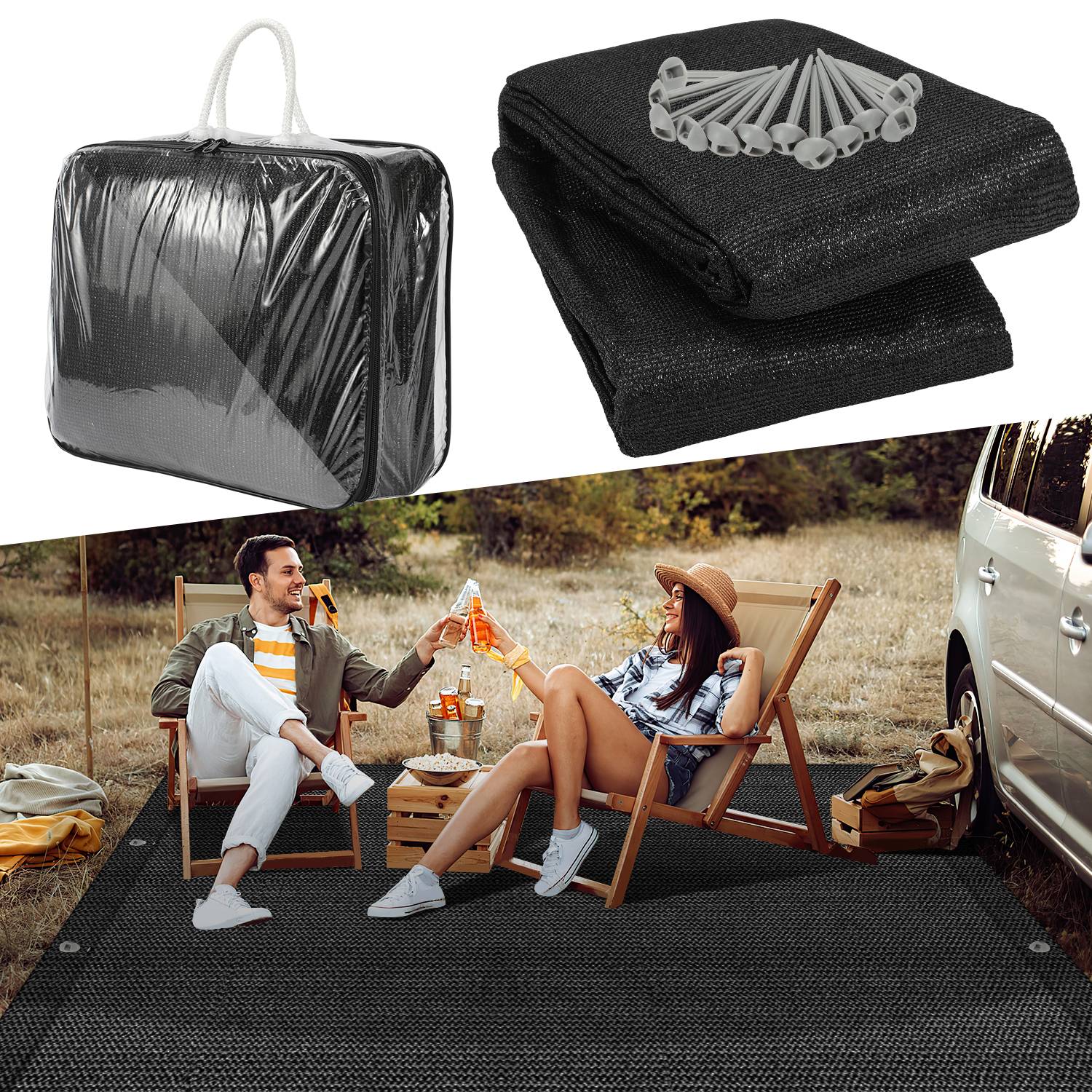 Vorzeltteppich 200x200cm Zeltteppiche mit 13 Nagel und 12 Löchern Camping teppich HDPE Zeltunterlage, Schwarz