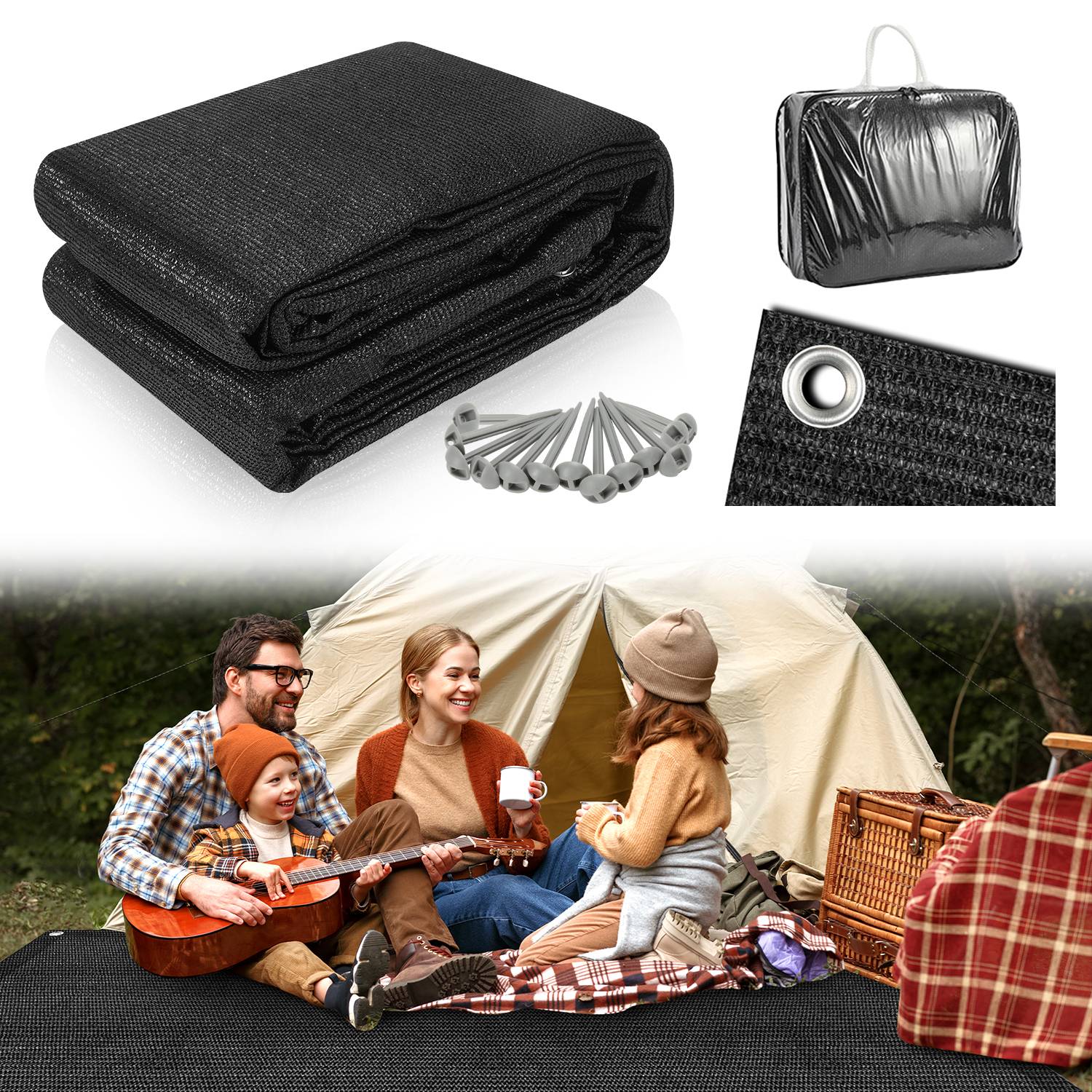 Vorzeltteppich 250x550cm Zeltteppiche mit 13 Nagel und 12 Löchern Camping teppich HDPE Zeltunterlage, Schwarz