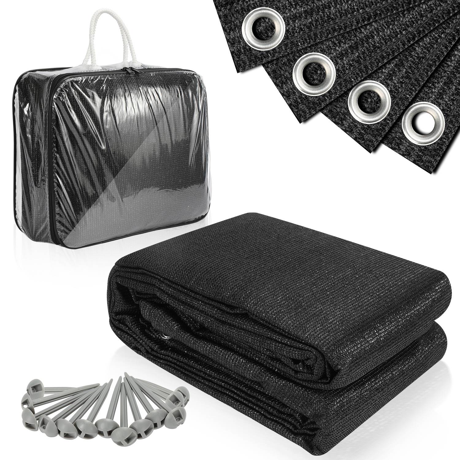 Schwarze Plane oder Schattentu­ch-Set mit Ösen, gefaltet in einer Tragetasche und einem Set aus Metallstiften zum Befestigen.