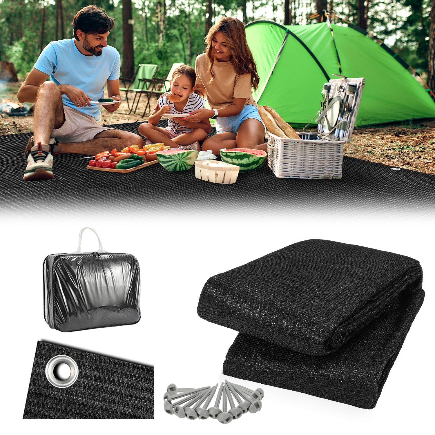 Vorzeltteppich 250x500cm Zeltteppiche mit 13 Nagel und 12 Löchern Camping teppich HDPE Zeltunterlage, Schwarz