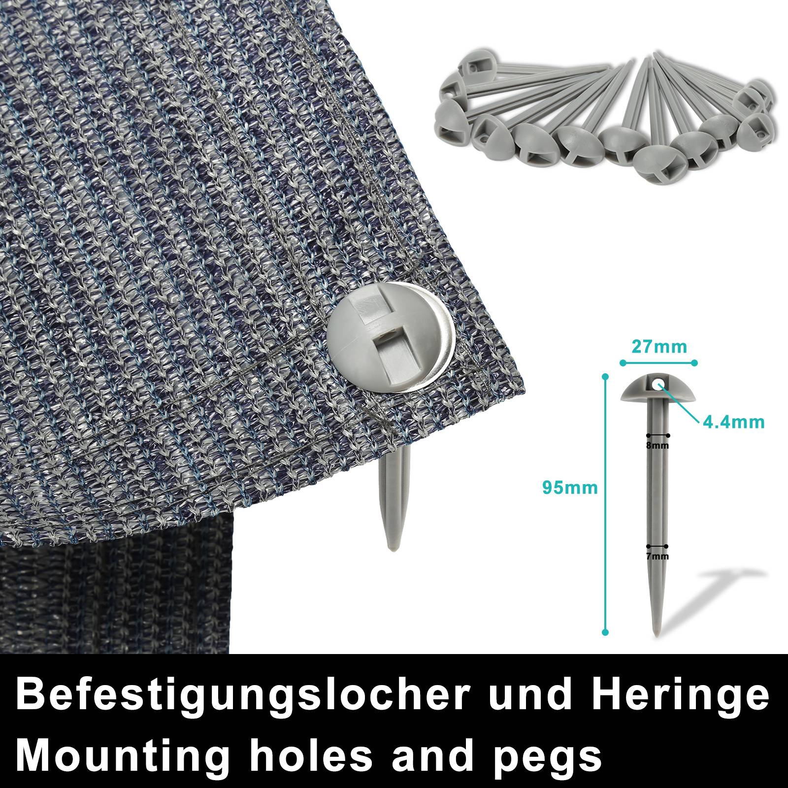 Diagramm mit Befestigungslöchern und Stiften zur Sicherung von Schattierungsstoff, mit einer Nahaufnahme der Befestigung und Abmessungen von 27 mm, 4,4 mm und 95 mm.