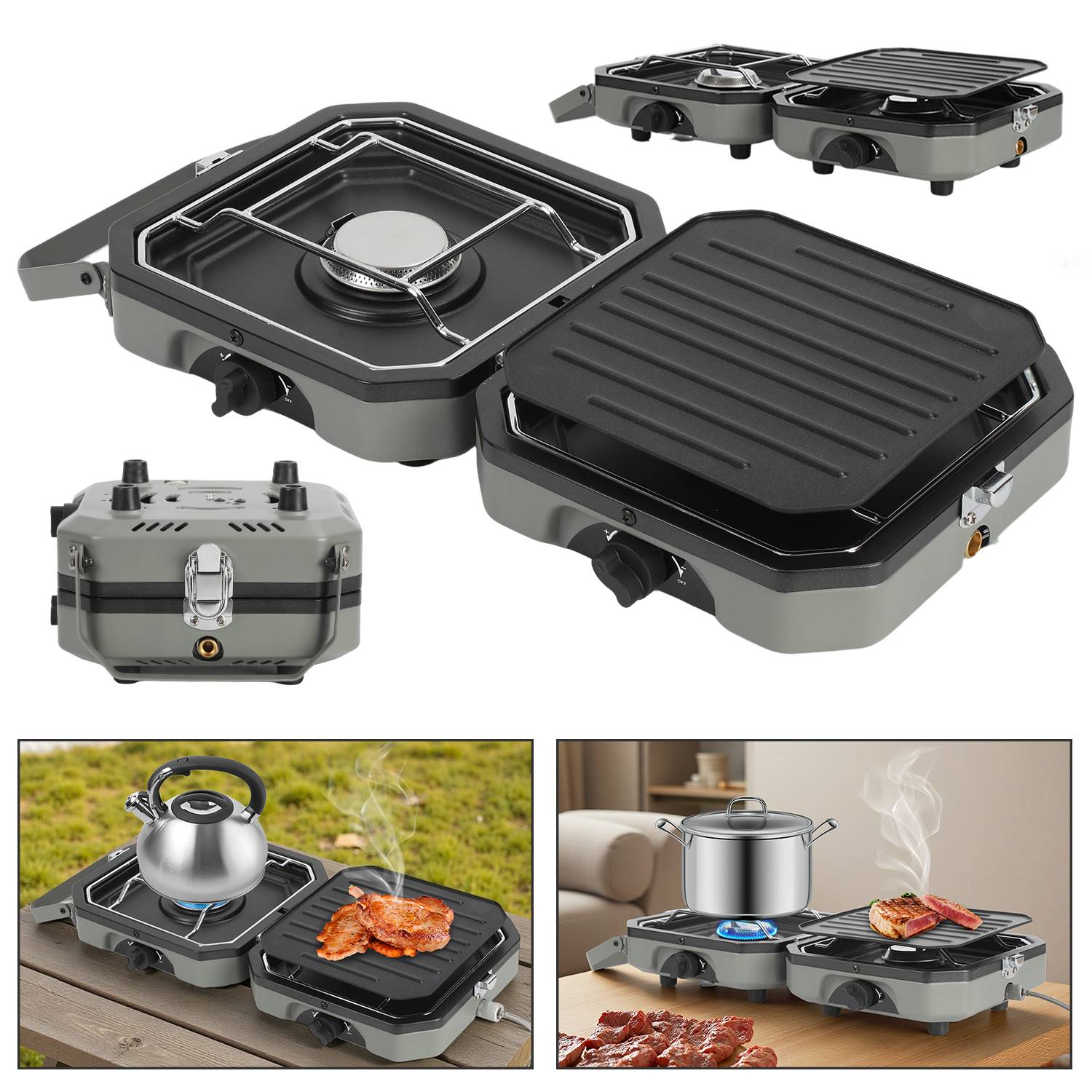 Set Duo Faltbarer Gaskocher 2 flammig 4.6kw Campingkocher Camping Kitchen 2 Multi Cook Gaskocher Gasgrill + Gasschlauch