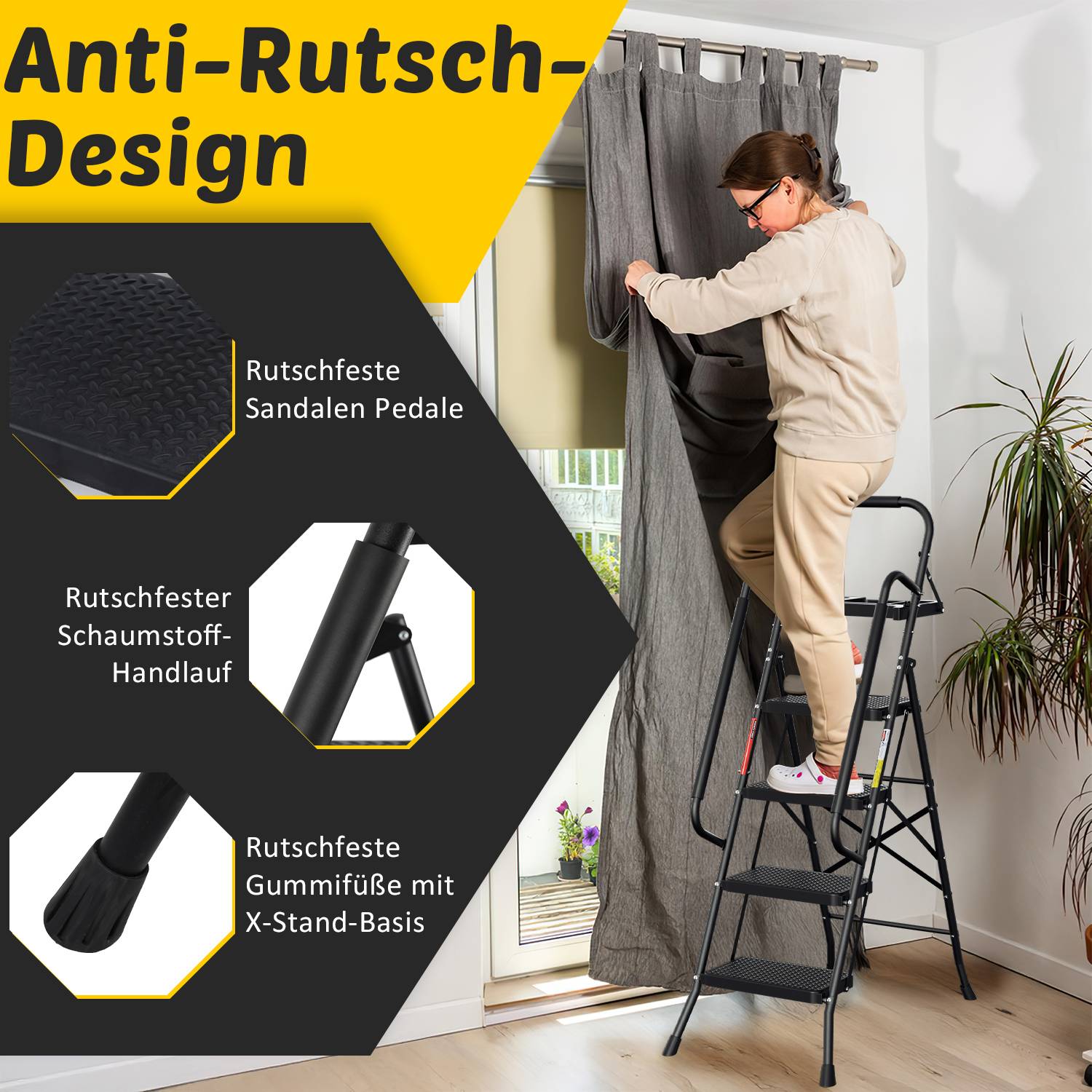 klappbar Trittleiter Leiter 4-Stufen Anti-Rutsch-Pedal Tritt-Leiter Klapptritt Tritthocker Klappleiter bis 150kg Abnehmbare Armlehnen Stahl