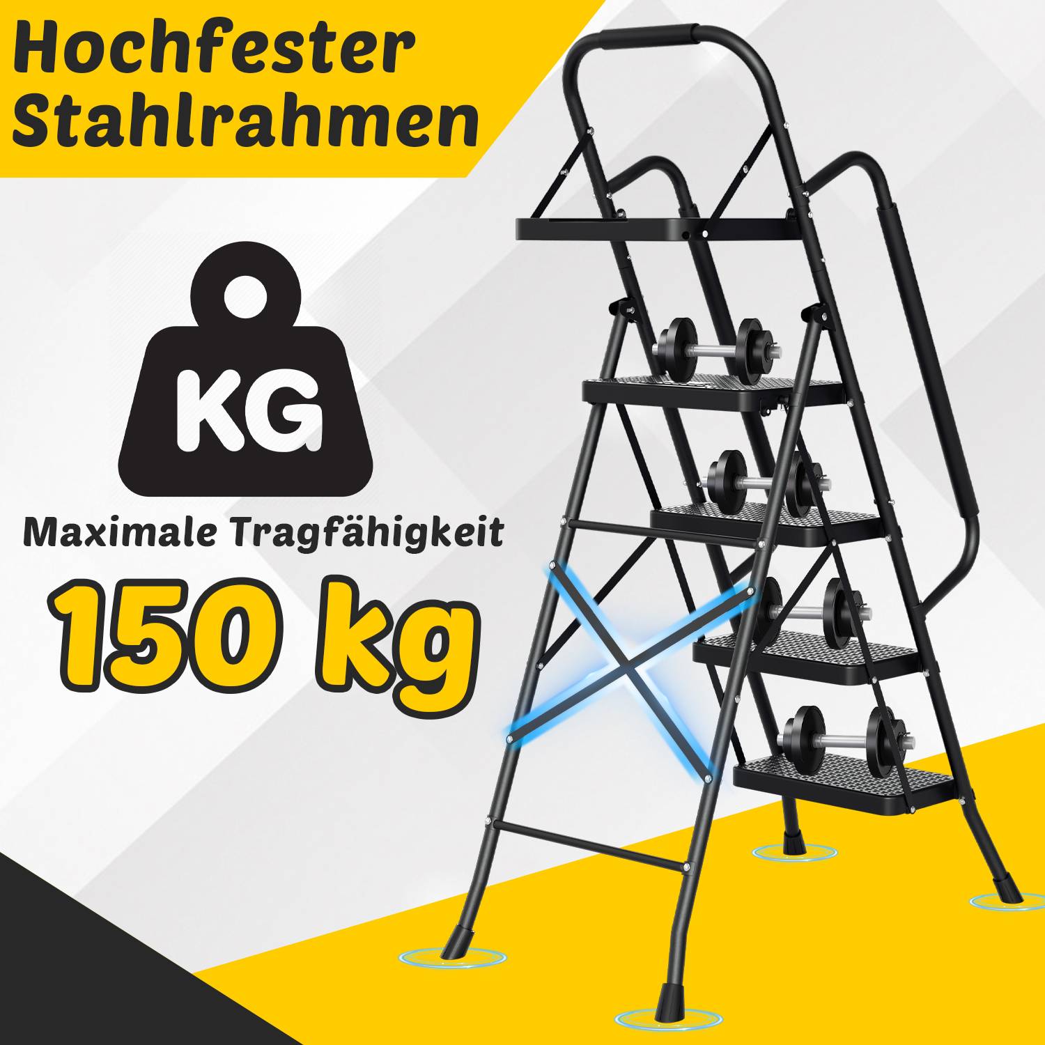 klappbar Trittleiter Leiter 4-Stufen Anti-Rutsch-Pedal Tritt-Leiter Klapptritt Tritthocker Klappleiter bis 150kg Abnehmbare Armlehnen Stahl
