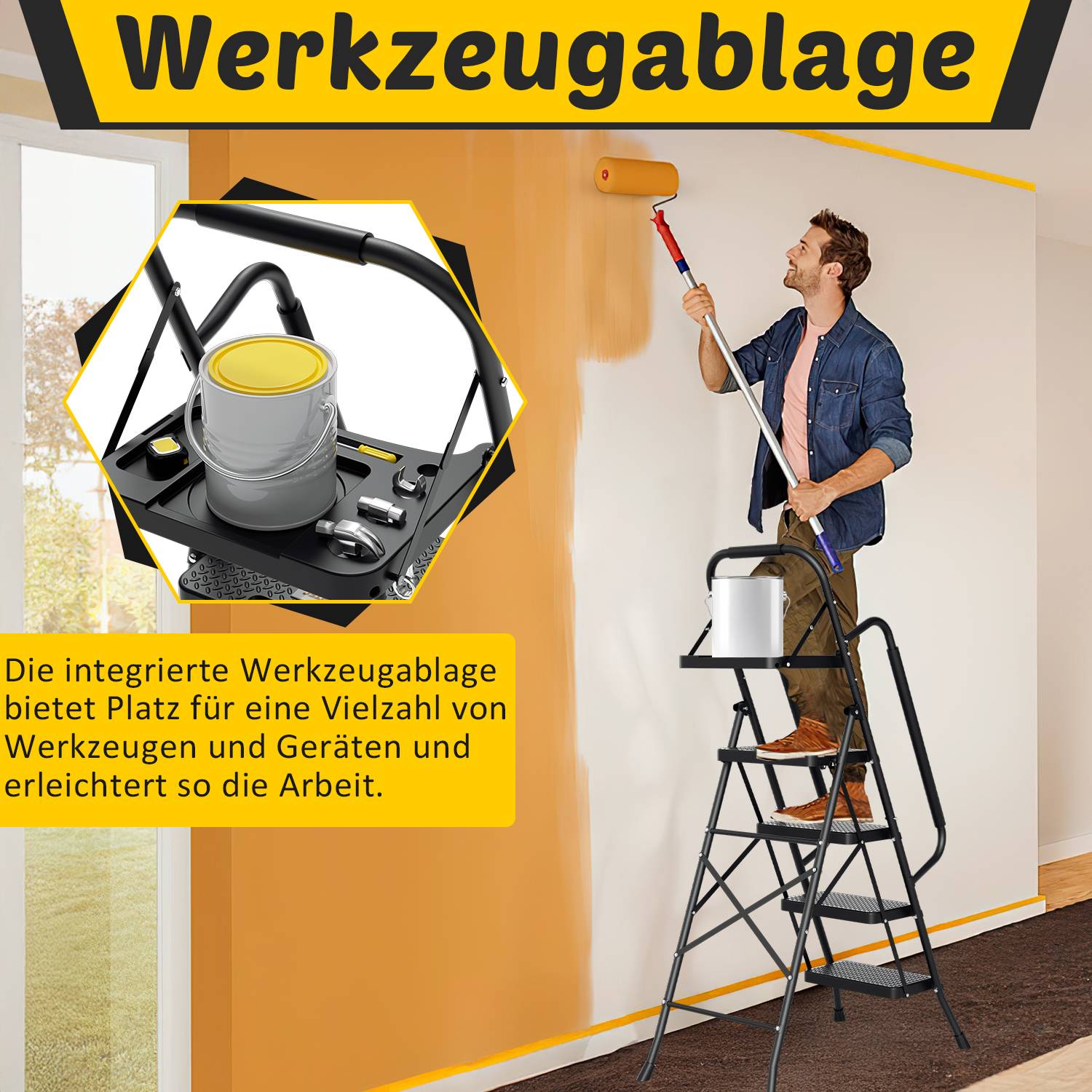 klappbar Trittleiter Leiter 4-Stufen Anti-Rutsch-Pedal Tritt-Leiter Klapptritt Tritthocker Klappleiter bis 150kg Abnehmbare Armlehnen Stahl
