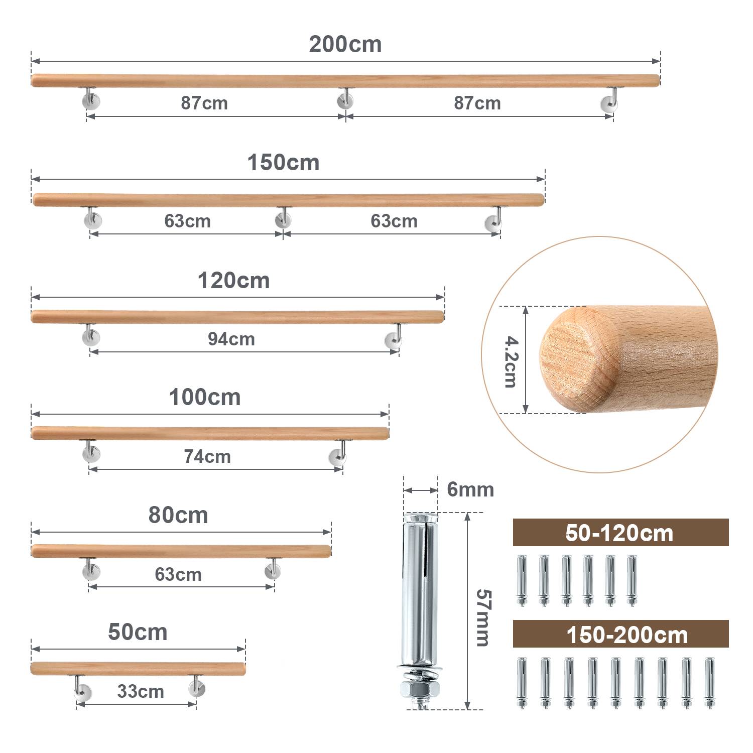 Buche Handlauf 80cm mit gewinkelte Halter Stufe Wand Geländer Handlaufset