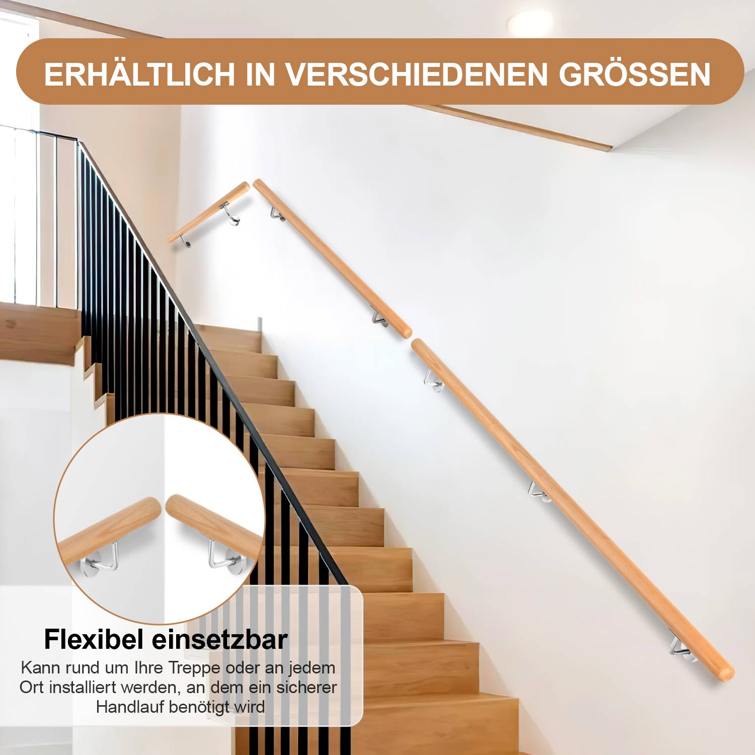 Buche Handlauf 50cm mit gewinkelte Halter Stufe Wand Geländer Handlaufset
