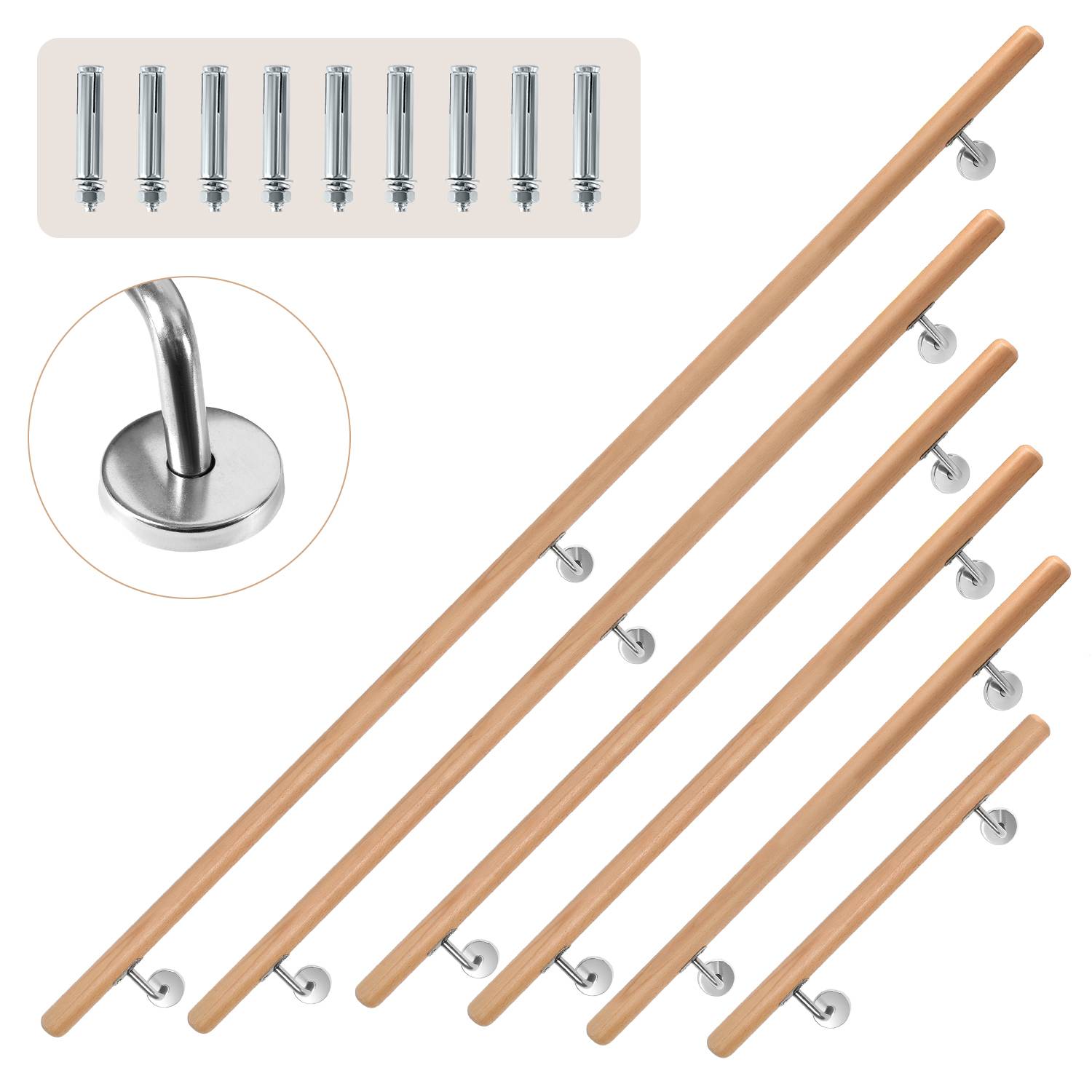 Buche Handlauf 50cm mit gewinkelte Halter Stufe Wand Geländer Handlaufset