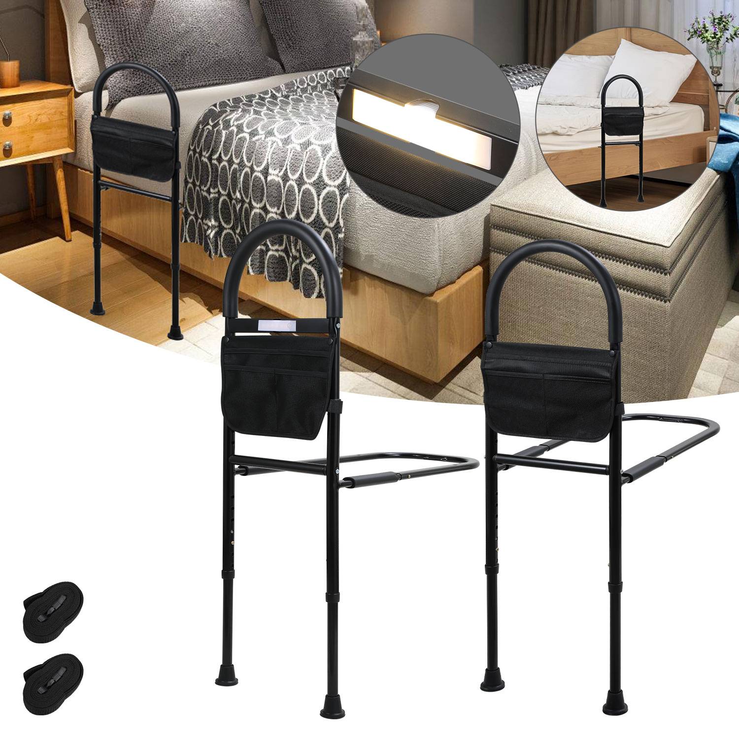 Bett Aufstehhilfe Bettgitter für Ältere Erwachsene 80-114cm Höhenverstellbar mit Ablagetasche&Sensorlicht Rausfallschutz Senioren