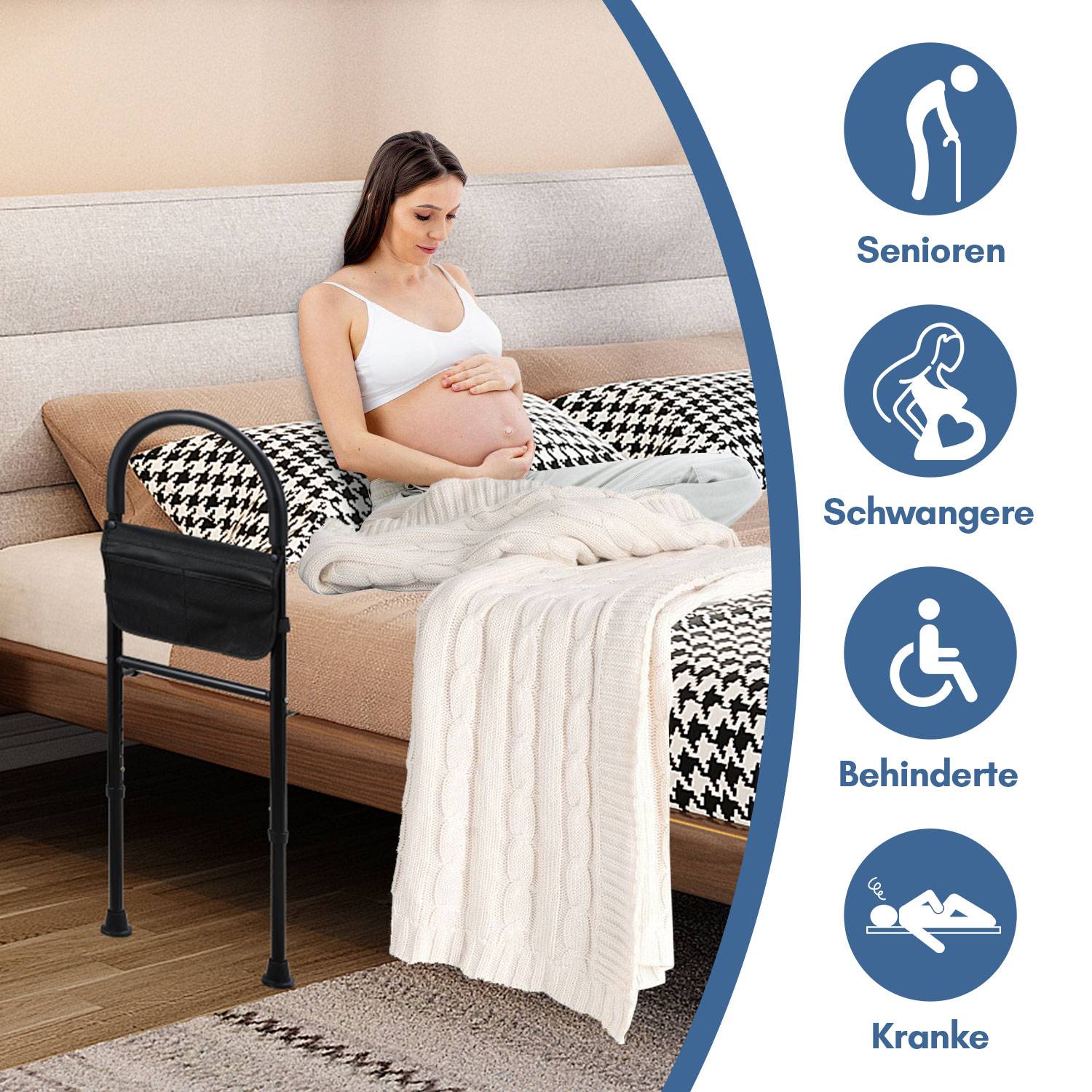 Bettgitter Aufstehhilfe Bett Haltegriffe Hilfsmittel für Senioren Verstellbare 83-113cm Anti-Rutsch mit Ablagetasche