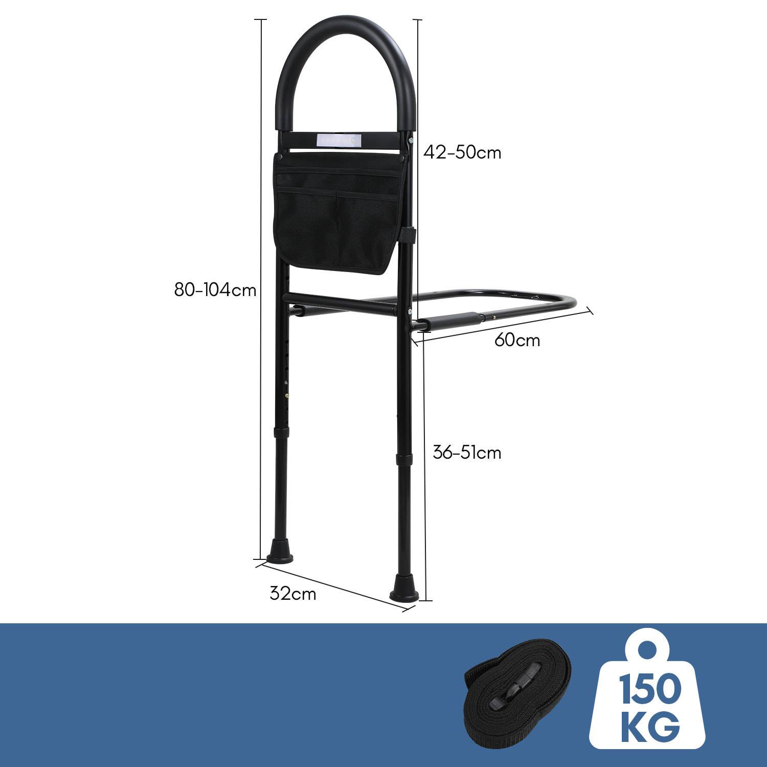 Klappbarer Kinderwagenschieber mit gepolsterten Griffen und Aufbewahrungstasche, mit Abmessungen von 80–104 cm Höhe, 60 cm Breite, 150 kg Tragfähigkeit.