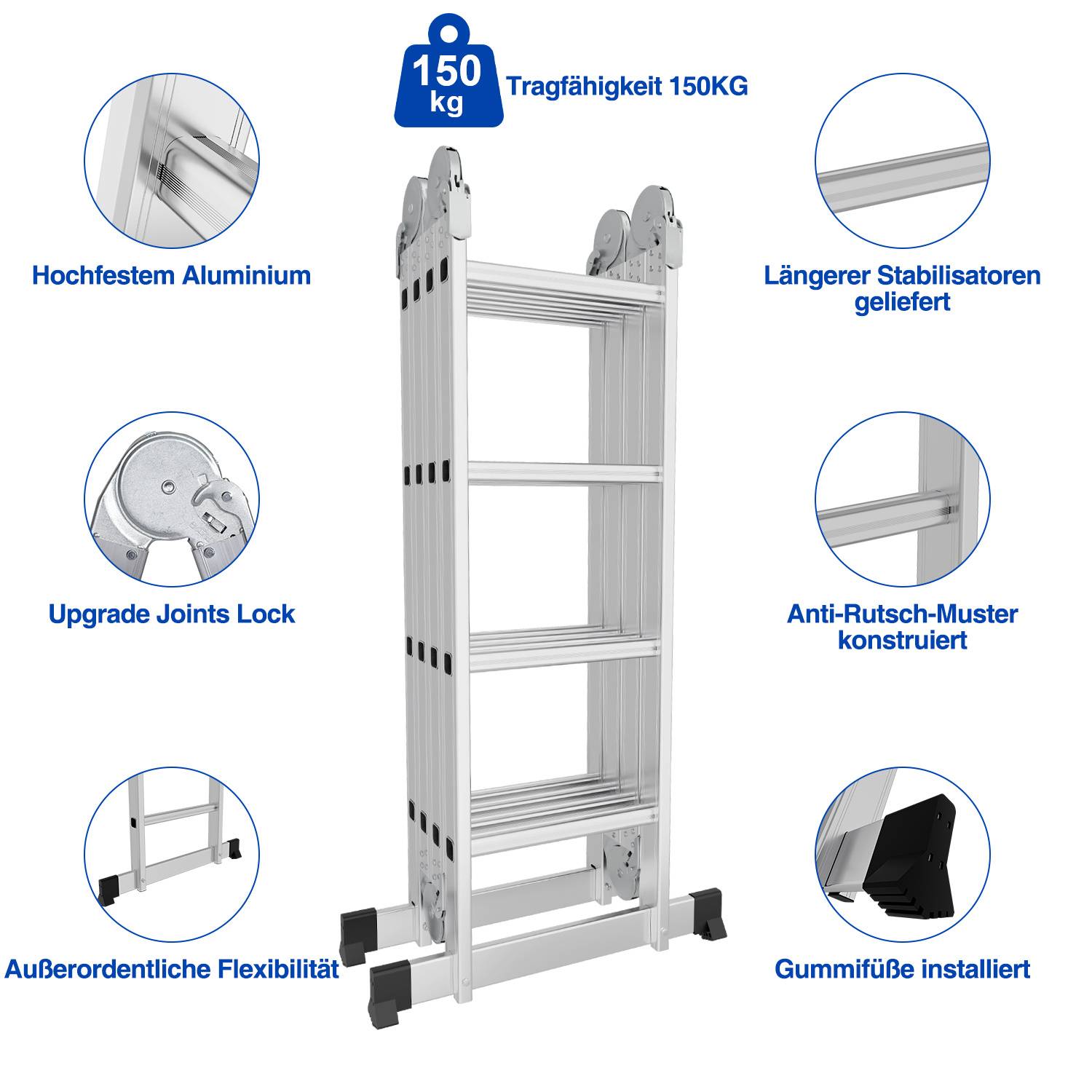 Illustrierte Aluminium-Leiter mit 150 kg Tragfähigkeit, ausgestattet mit Stabilisatoren, verbesserten Gelenkverriegelungen, rutschfesten Sprossen, flexiblem Design und Gummifüßen.