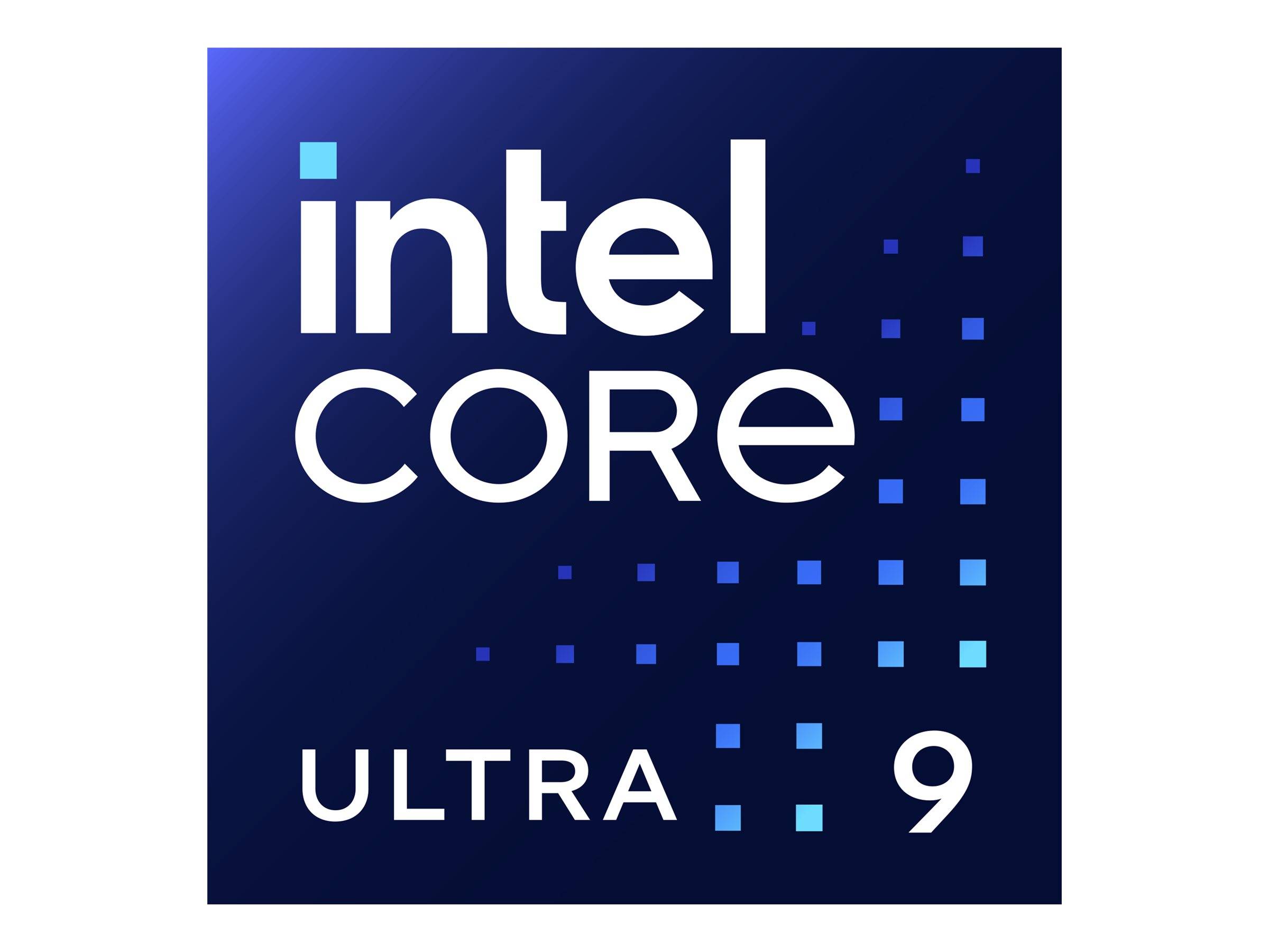 Intel Core Ultra 9 Prozessor-Logo auf einem dunkelblauem Quadrat mit pixelartigen hellblauen Akzenten.