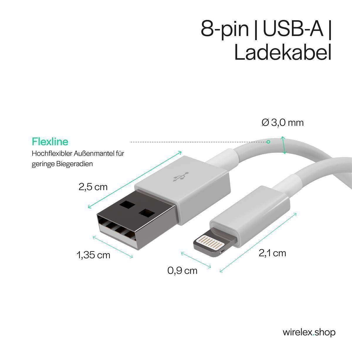 Flexline USB-A zu 8-Pin Lade- und Synchronisationskabel, USB 2.0, Weiß 0,20m