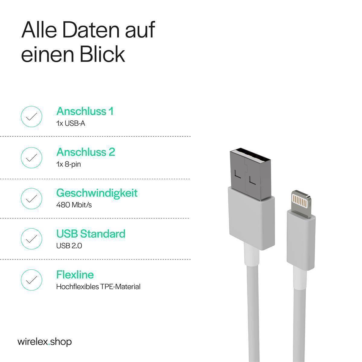 Flexline USB-A zu 8-Pin Lade- und Synchronisationskabel, USB 2.0, Weiß 0,10m