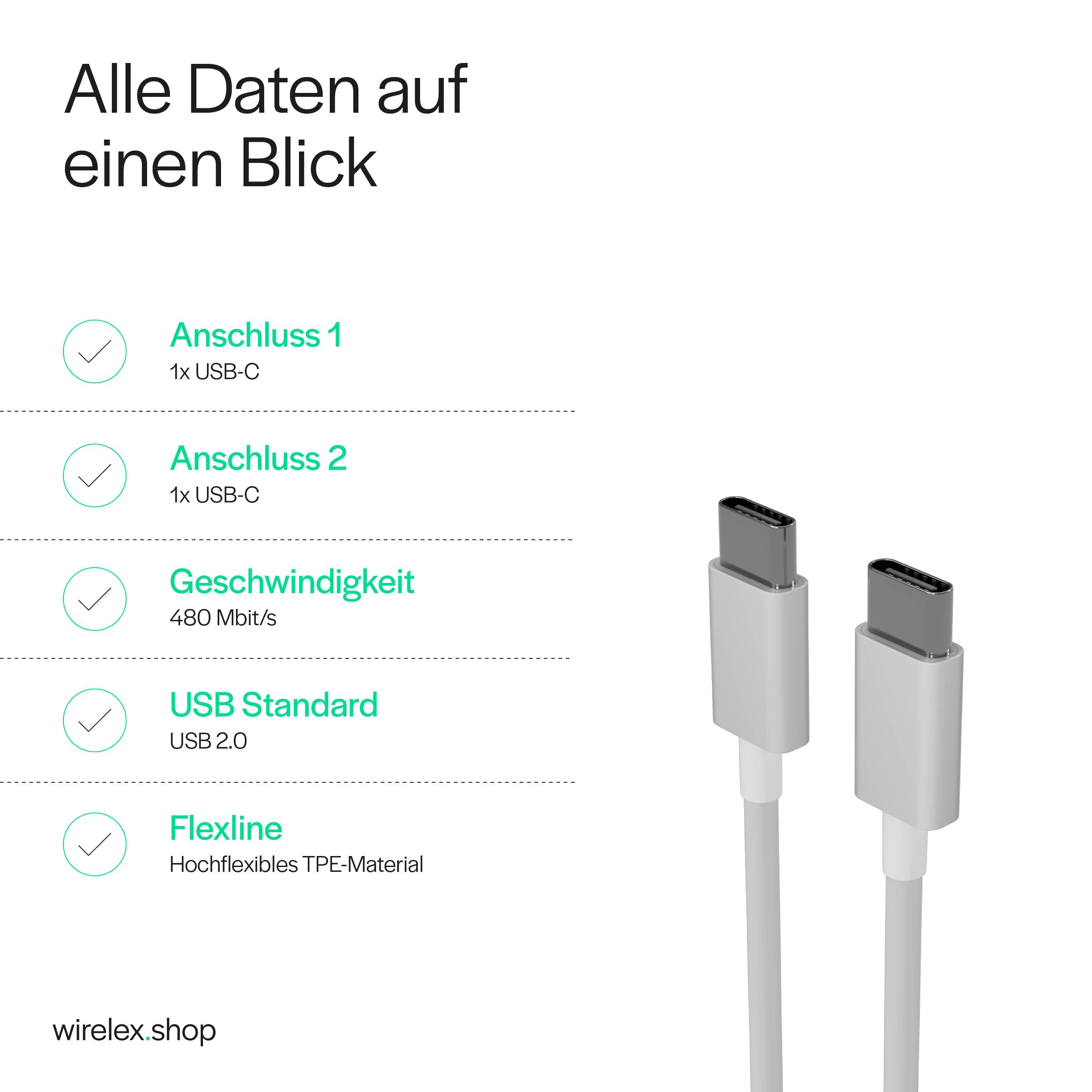 Flexline USB Ladekabel, USB-C Stecker auf USB-C Stecker, 2.0, ABS, weiß