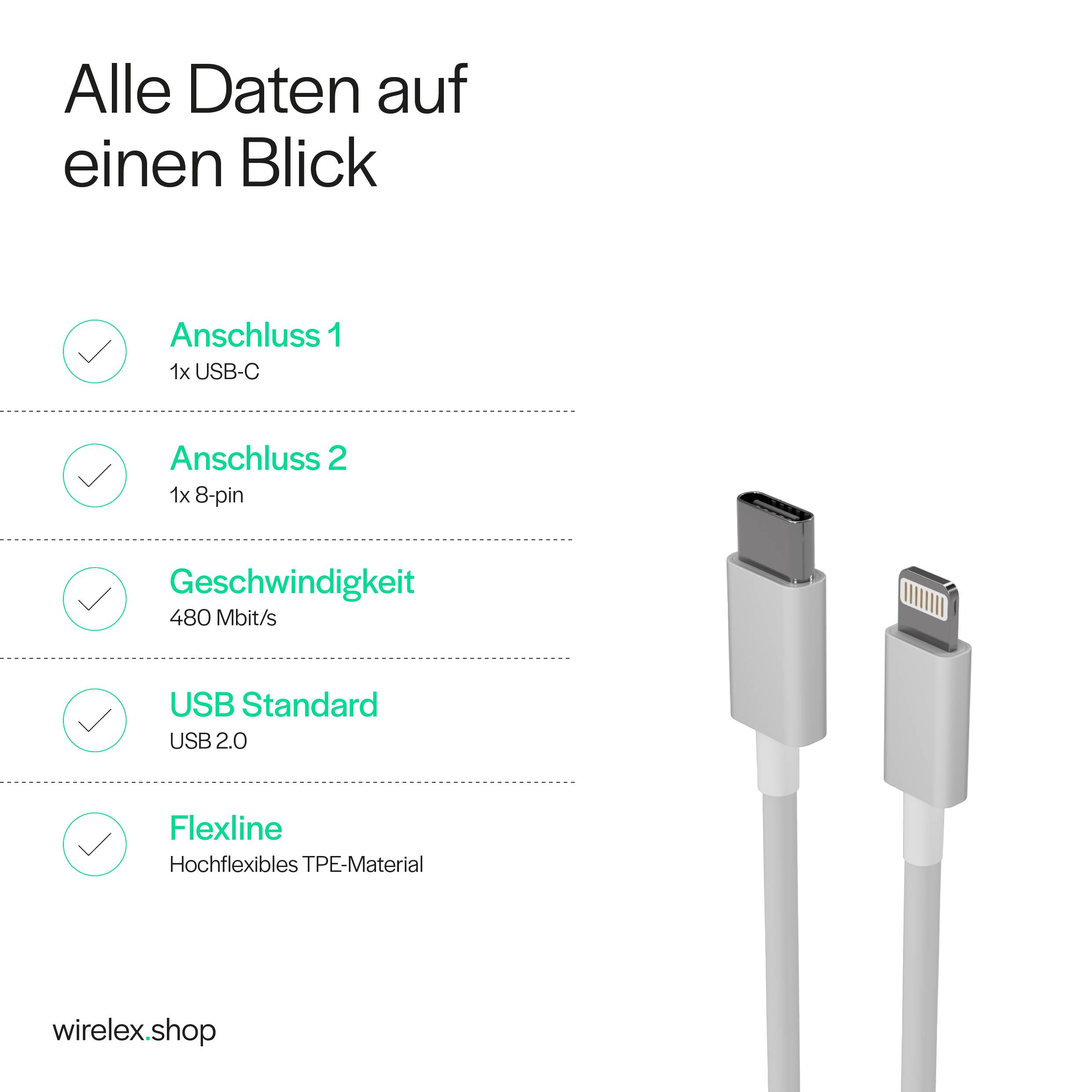 Flexline USB-C auf 8-Pin Ladekabel, weiß, 2,0m