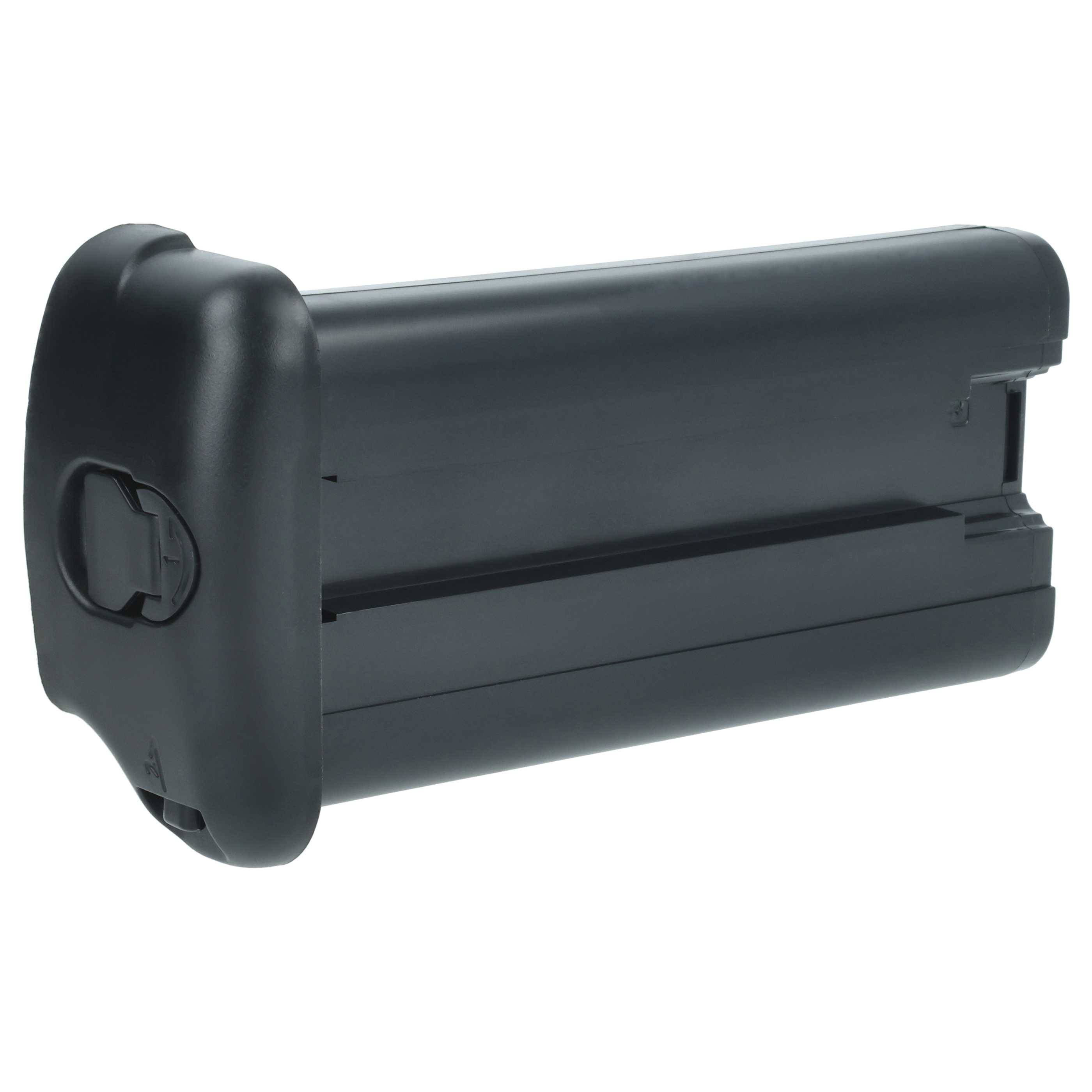 Schwarzes Batteriepaket mit einer Verriegelung an der Seite, das zur Stromversorgung elektronischer Geräte verwendet wird. Einfaches, kompaktes Design ohne sichtbare Markenbeschriftung.