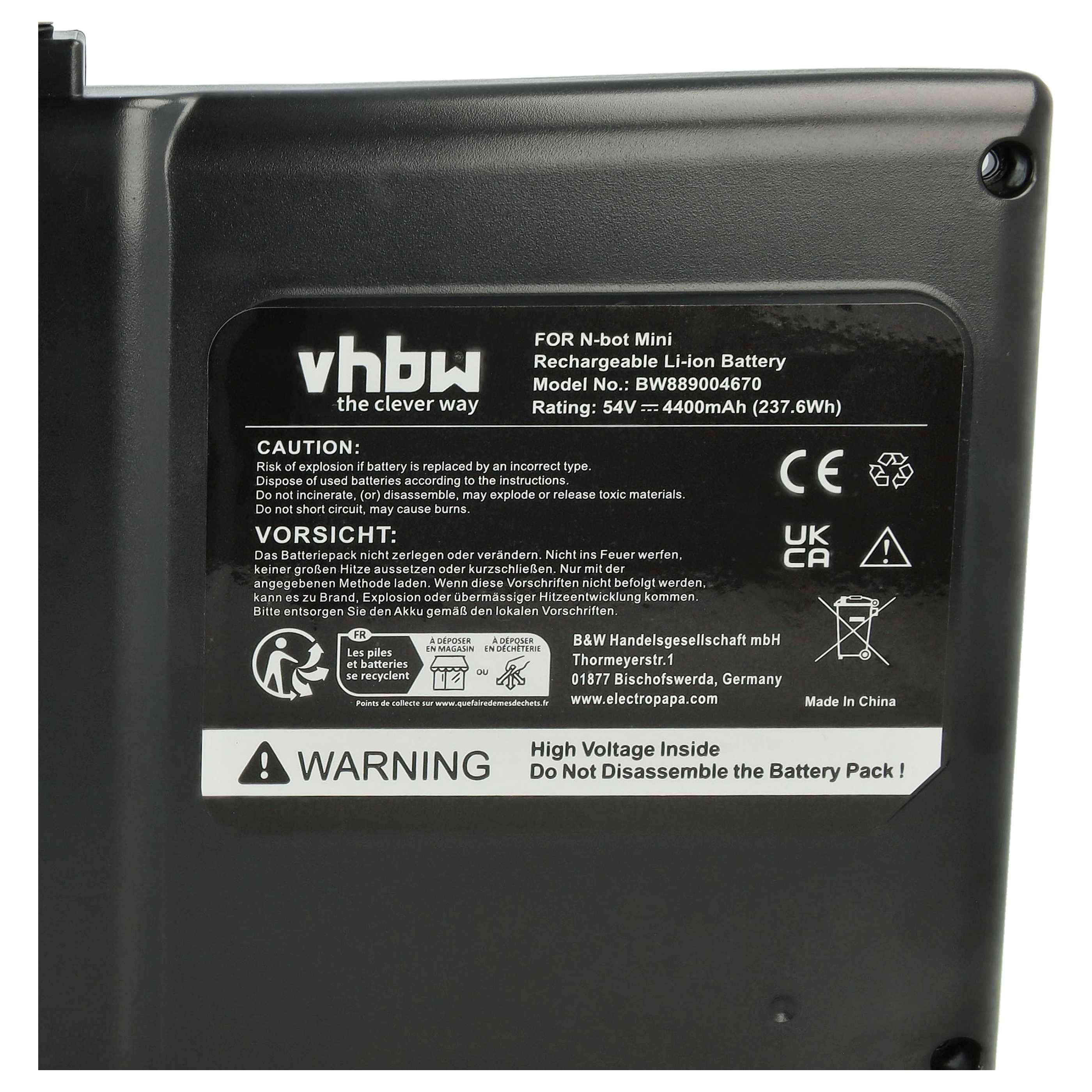 vhbw, FÜR N-bot Mini, Aufladbarer Li-Ion Akku, Modell-Nr.: BW-800000746, Bewertung: 54V; 4400mAh (237,6Wh). WARNUNG: Hohe Spannung im Inneren.