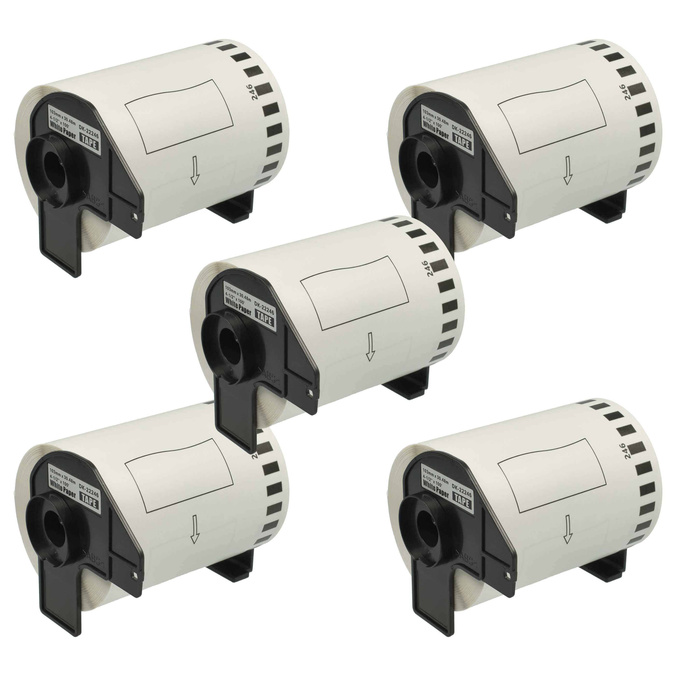 vhbw 5x Etiketten-Rolle mit Halter 103mm x 30,48m kompatibel mit Brother P-Touch QL 1110 Serie Etiketten-Drucker - Selbstklebend