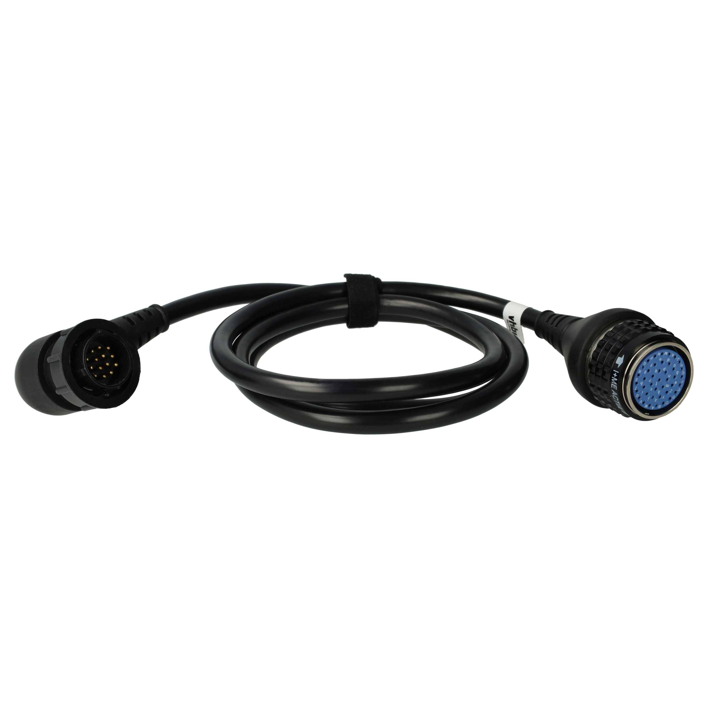 Ein schwarzes Stromkabel mit einem runden Stecker mit mehreren Stiften an jedem Ende, das zur Verbindung elektronischer Geräte verwendet wird.