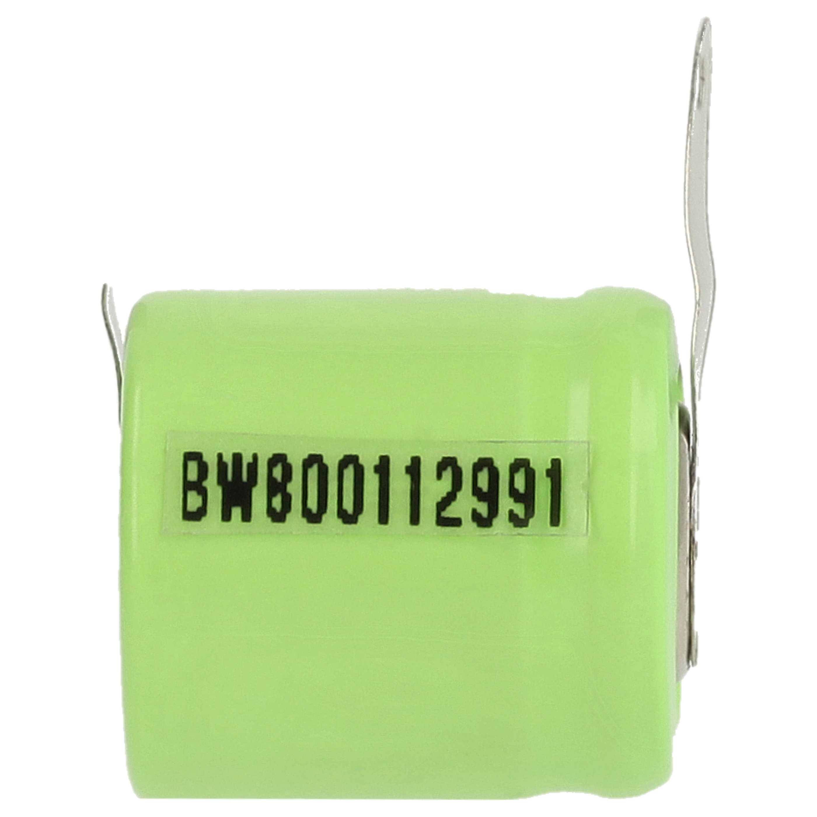 Grüne zylindrische Batteriezelle mit Metallfahnen an beiden Enden und aufgedrucktem Code „BW800112991
