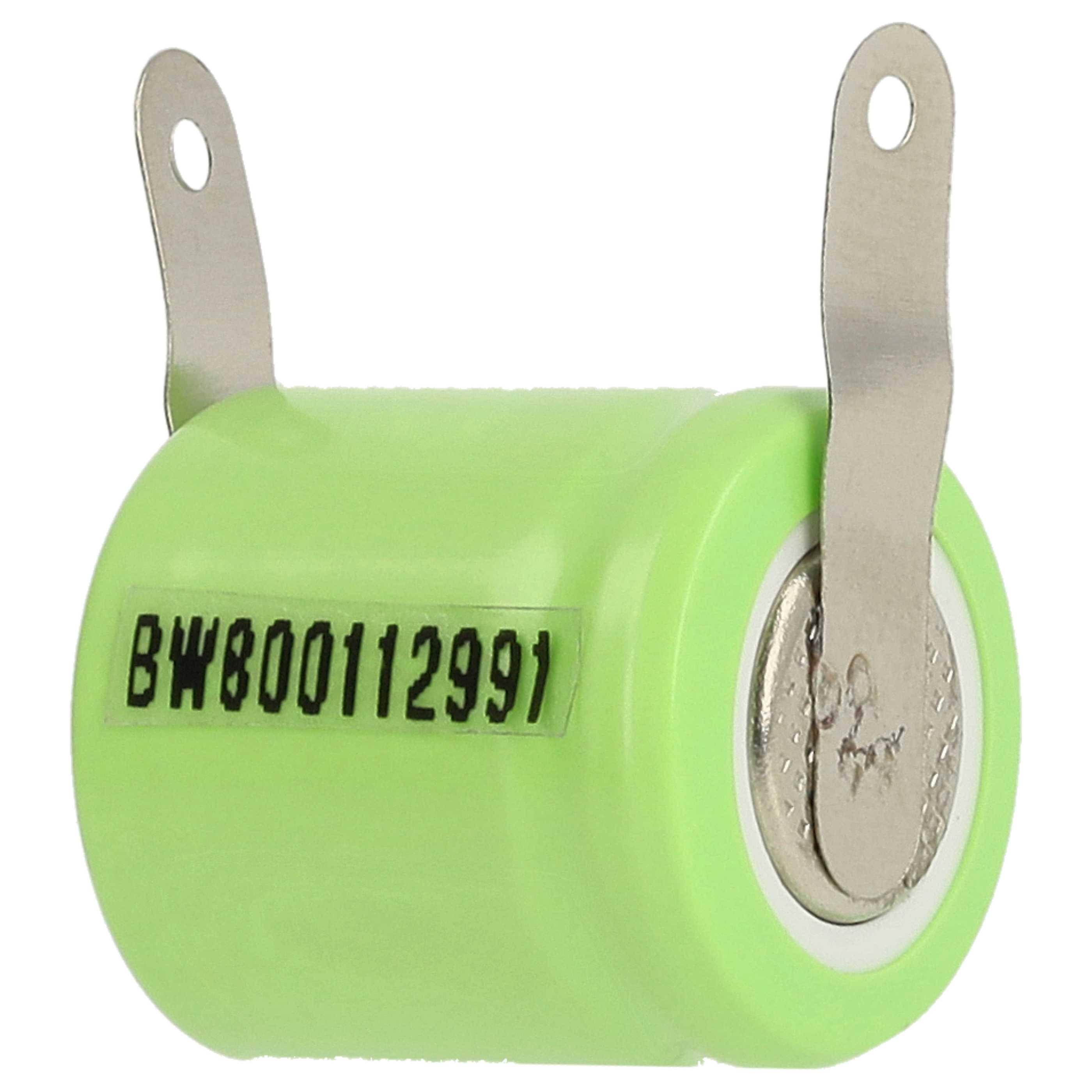 Grüne zylindrische Batteriezelle mit zwei Metalllaschen und dem aufgedruckten Code „BW800112391