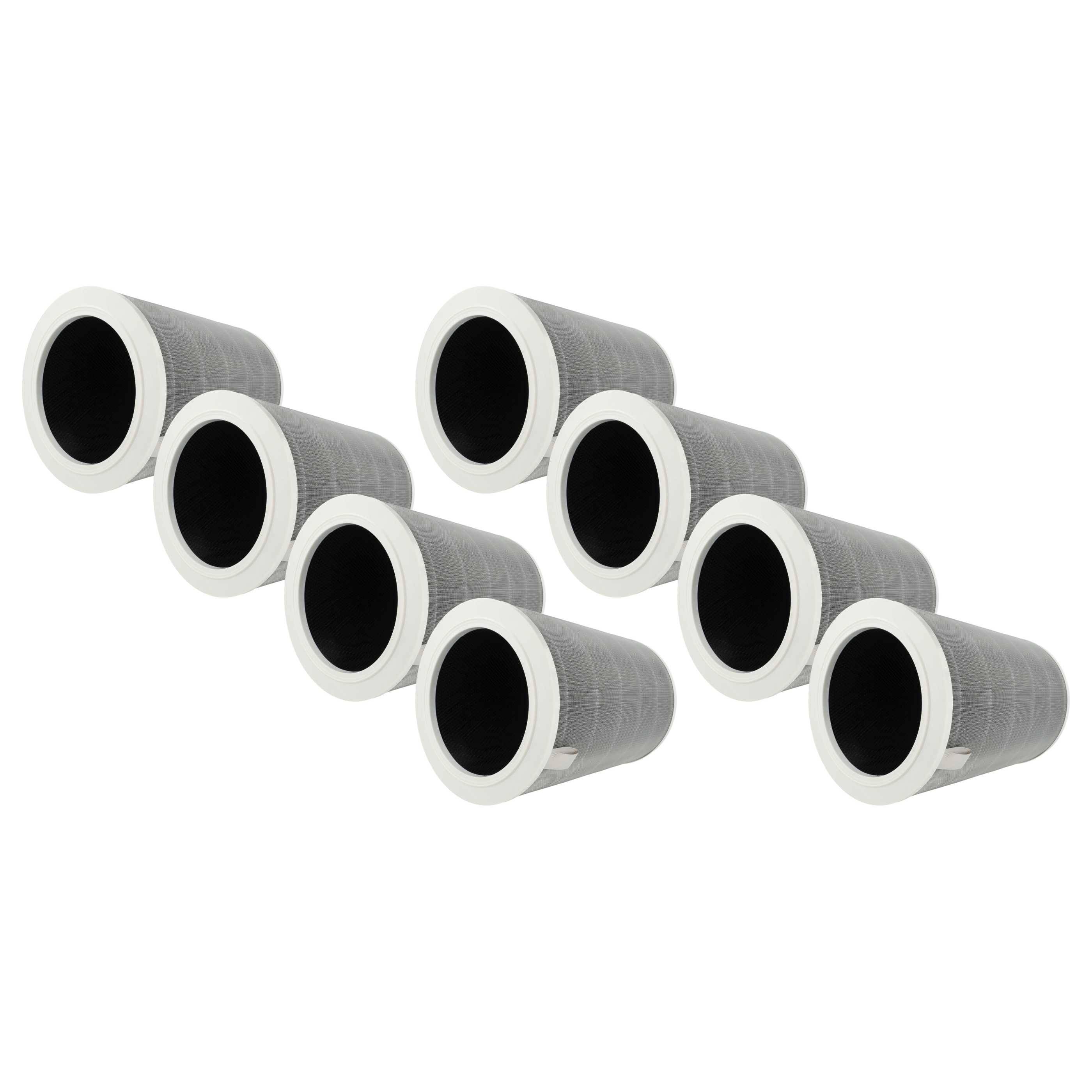 Acht graue Filter mit weißen Rändern diagonal vor einem einfachen Hintergrund angeordnet.