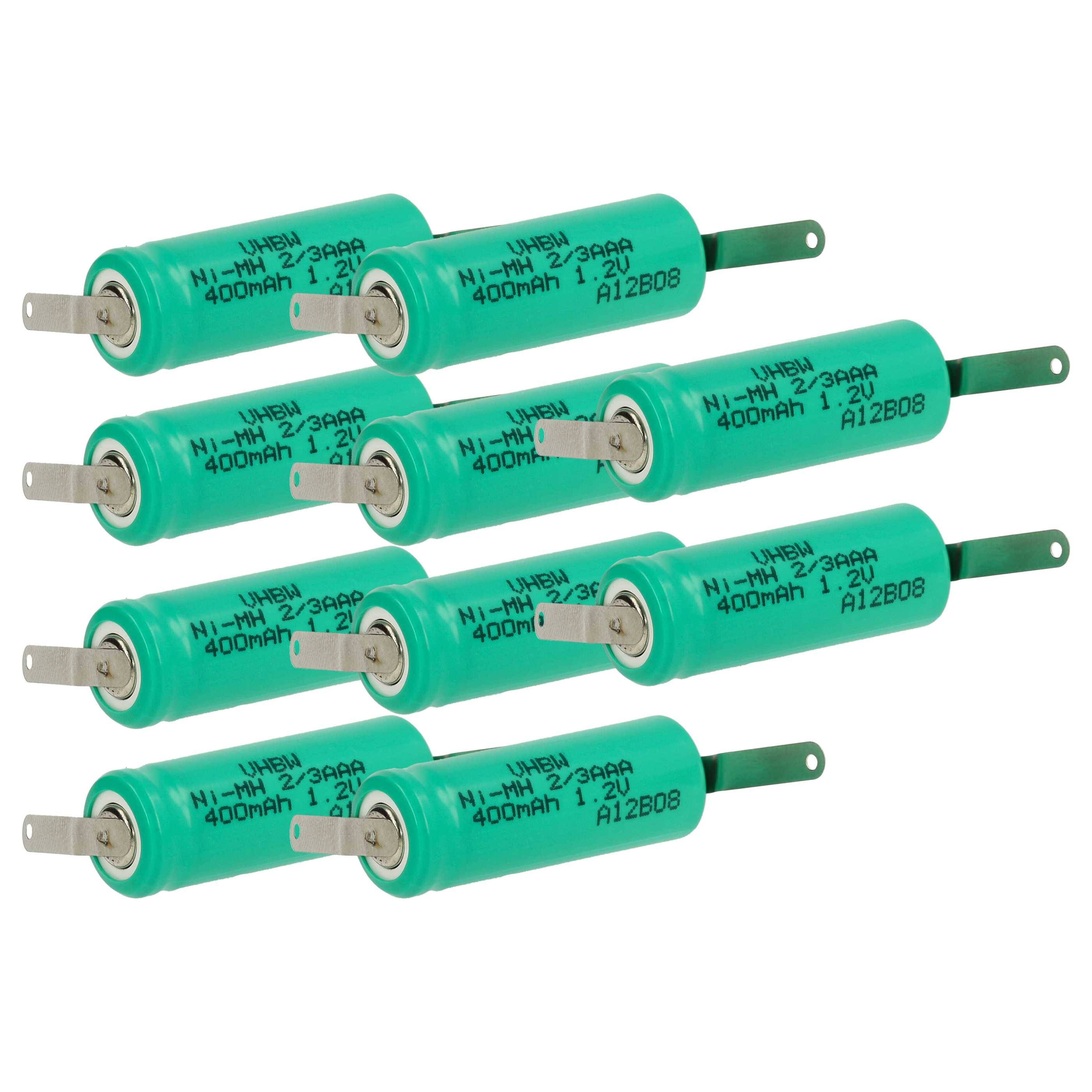 Stapel grüner zylindrischer wiederaufladbarer Batterien mit Metallfahnen, beschriftet mit 