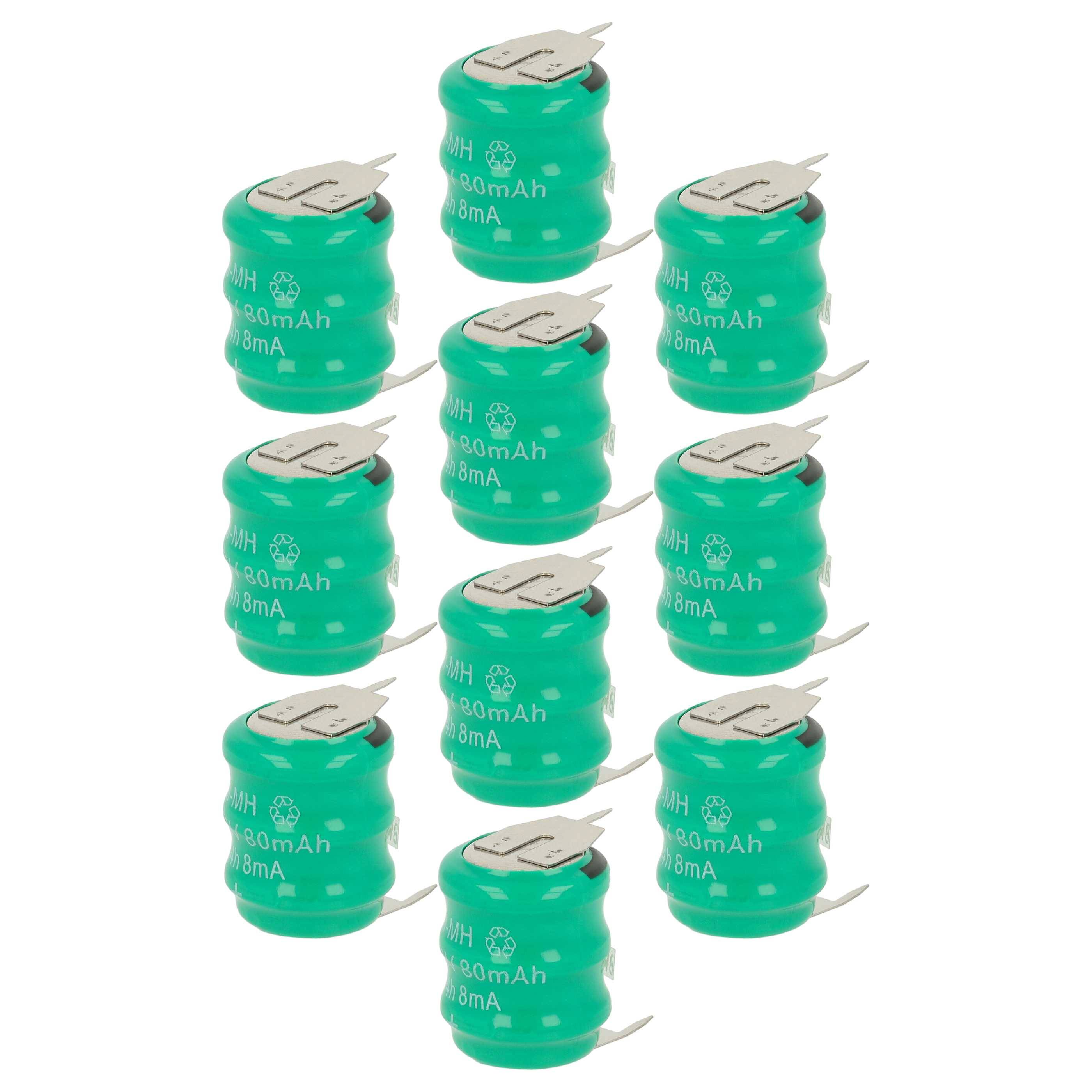 Zehn grüne wiederaufladbare NiMH-Batterien sind in zwei Spalten angeordnet. Jede hat eine Kapazität von 60 mAh und hat Recycling-Symbole darauf gedruckt.