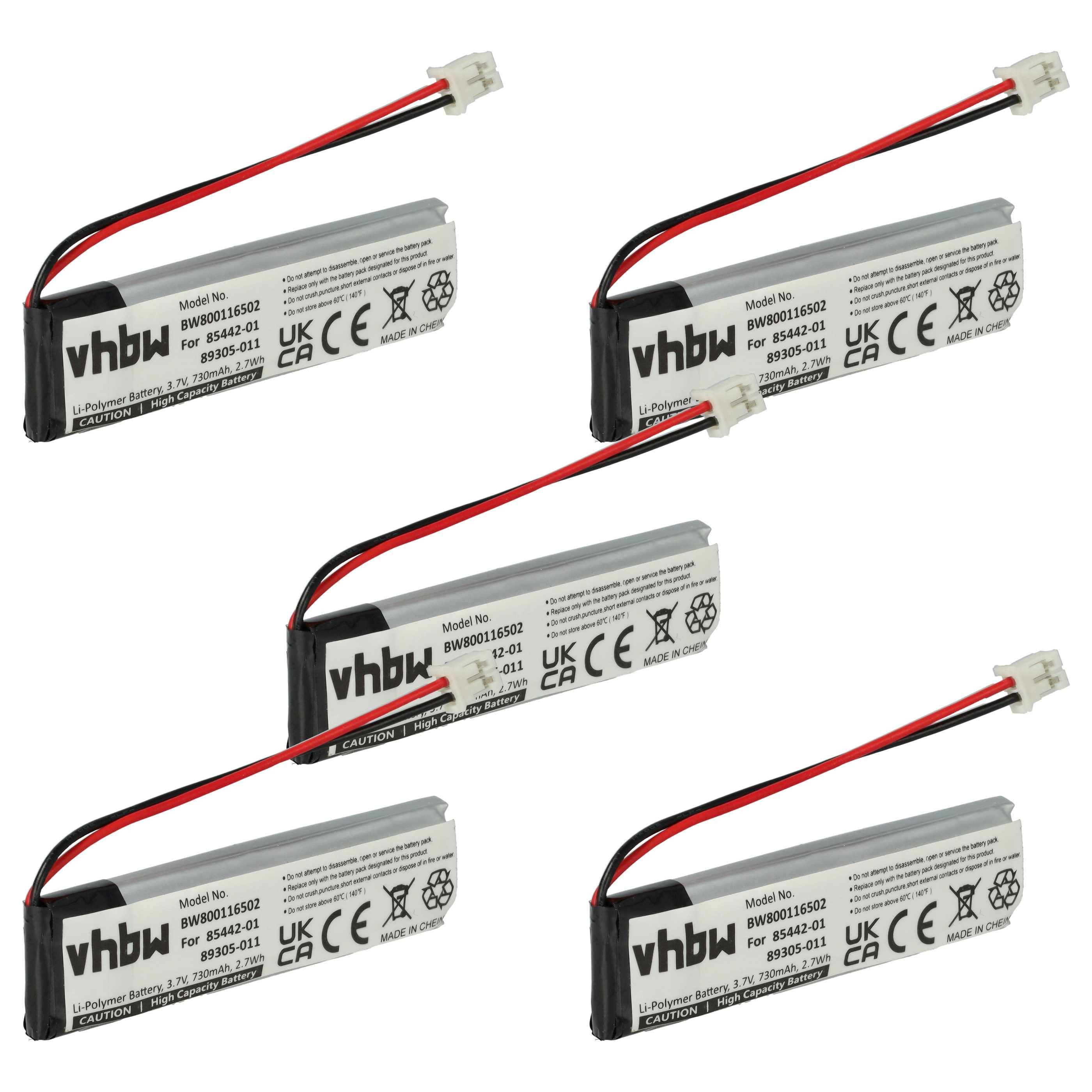 Fünf vhbw Lithium-Ionen-Batterien mit Modellnummer BW80015201, mit Anschlussdrähten und Sicherheitsetiketten, diagonal angeordnet.