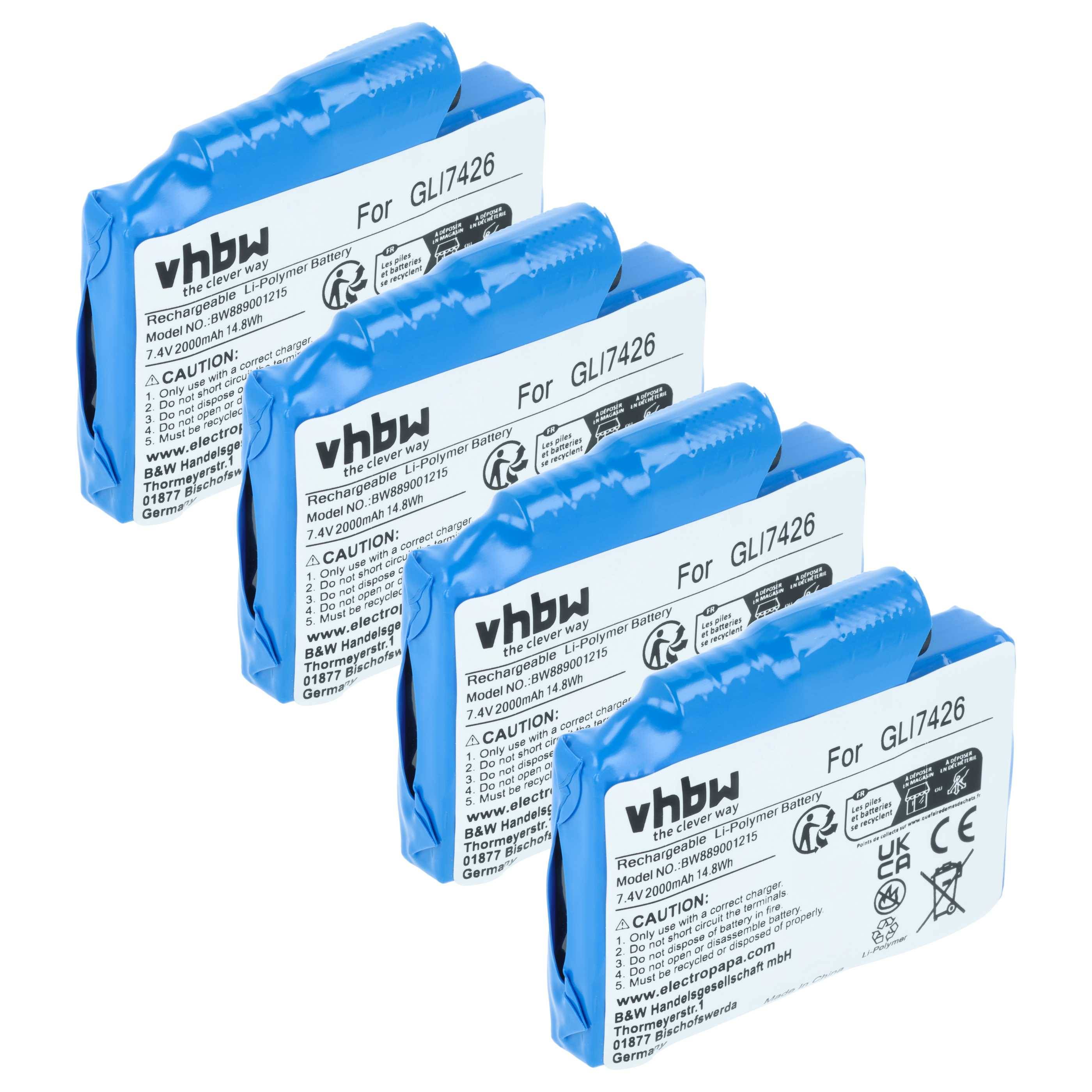 vhbw 4x Akku Ersatz für Glovii GLP7421, GLI7426 für beheizbare Handschuhe (2000 mAh, 7,4 V, Li-Ion)