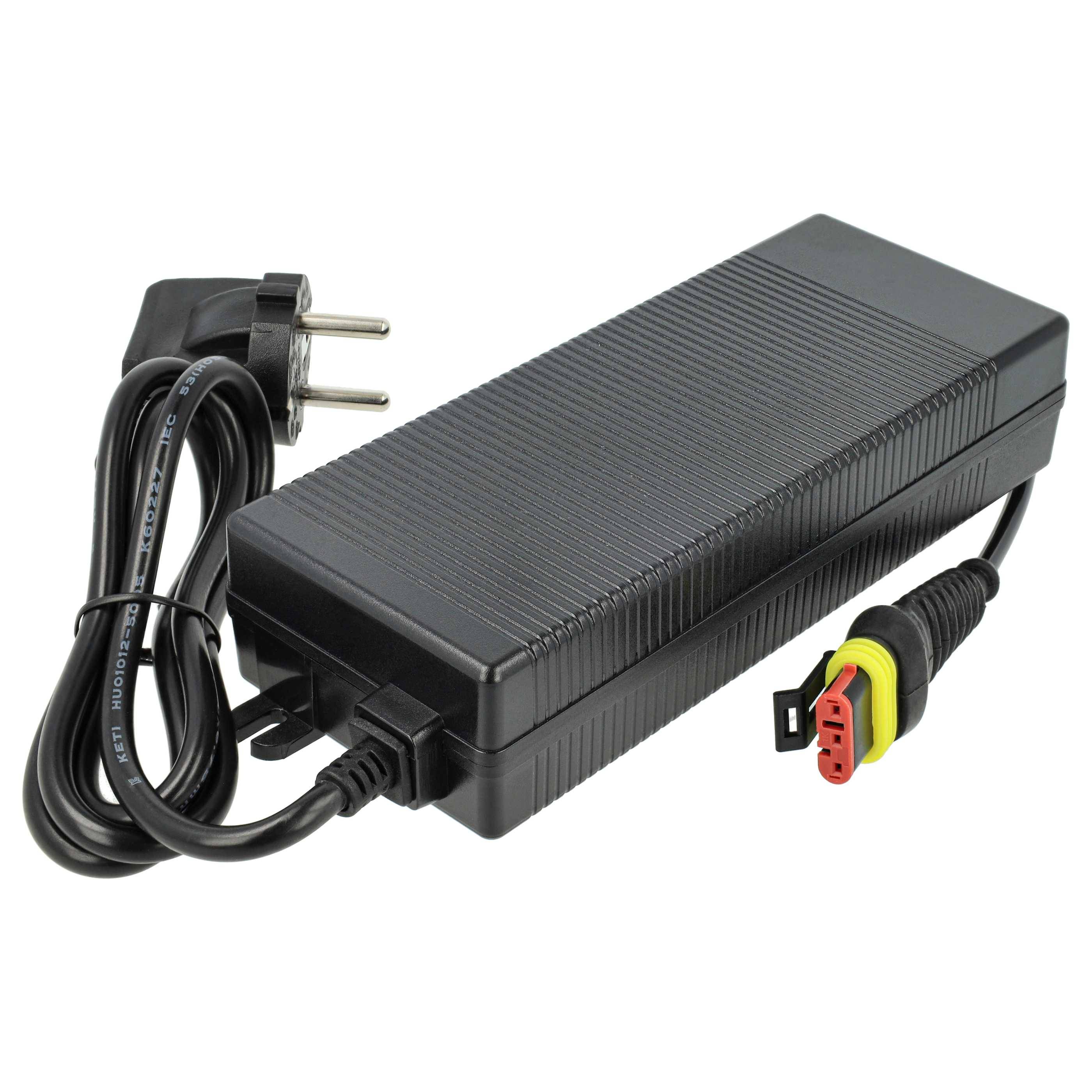 Schwarzes AC-Netzteil mit europäischem Stecker, angeschlossenem Kabel und rot/gelbem Steckerend auf weißem Hintergrund.