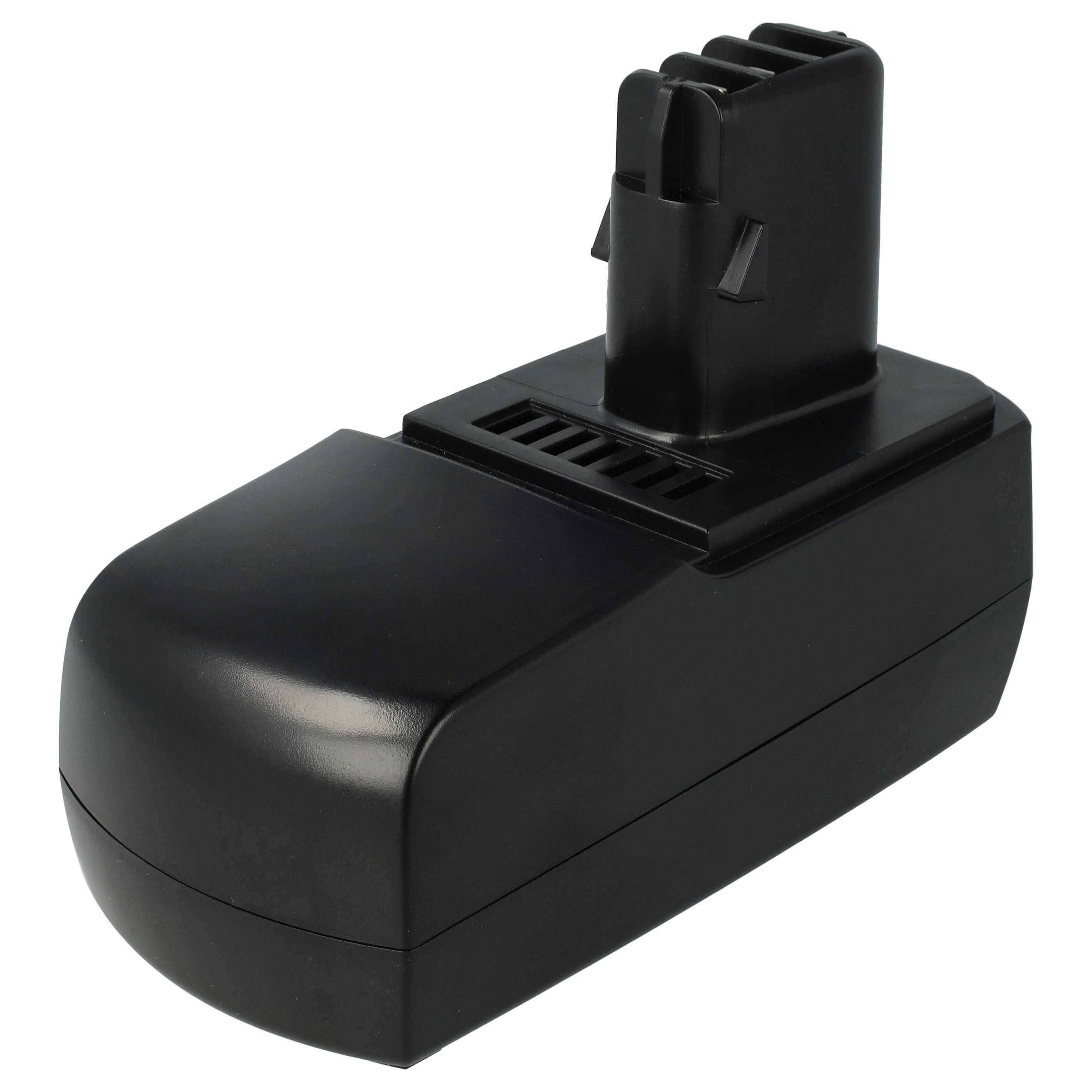 Ein schwarzes kabelloses Werkzeugakku-Pack mit rechteckiger Form, entwickelt für die Kompatibilität mit verschiedenen Elektrowerkzeugen, das auf einer weißen Oberfläche ruht.