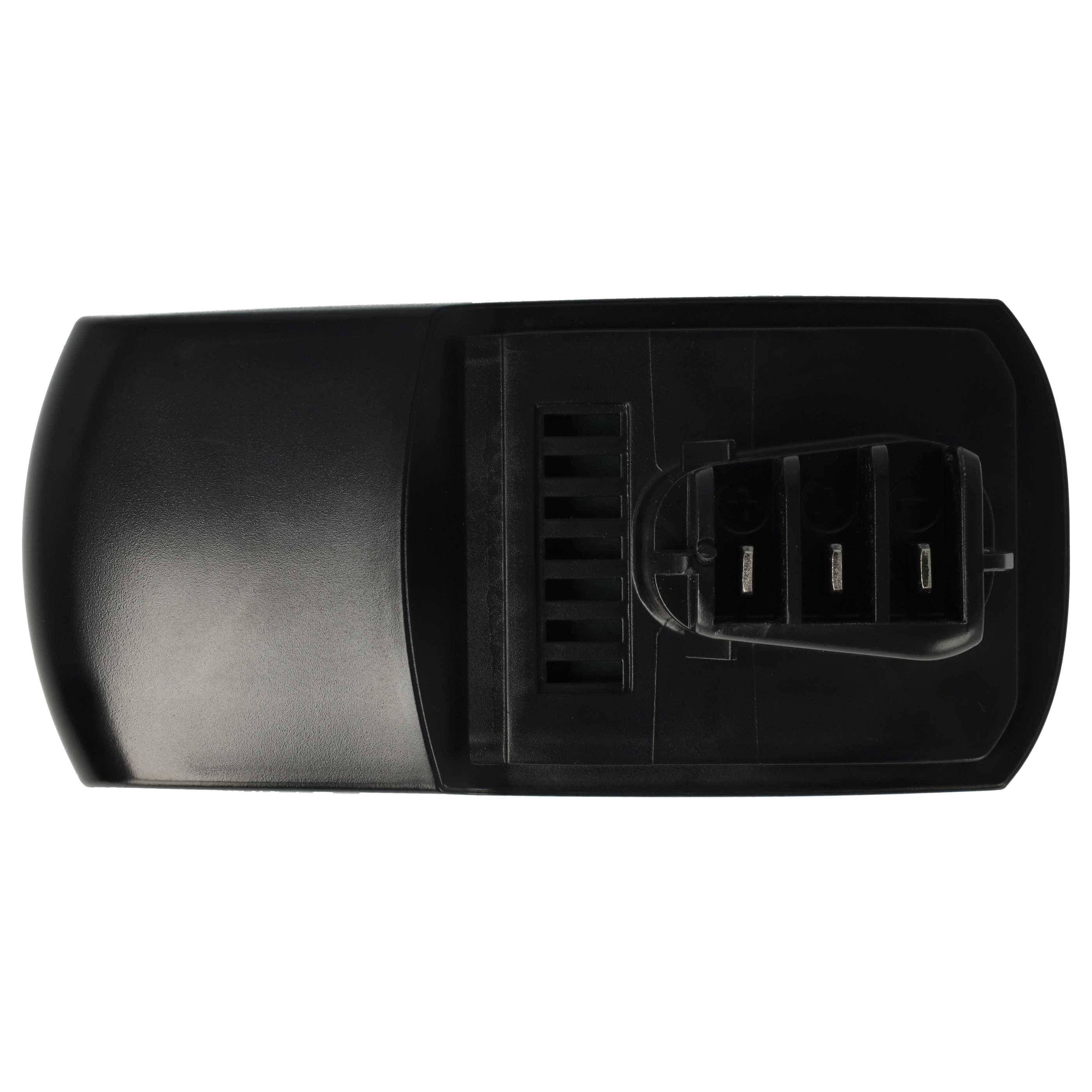 Ein schwarzes Kunststoff-Elektrobatterieladegerät mit sichtbaren Einschüben zum Einsetzen von Batterien, das typischerweise zum Aufladen von Elektrowerkzeugen oder Geräten verwendet wird.