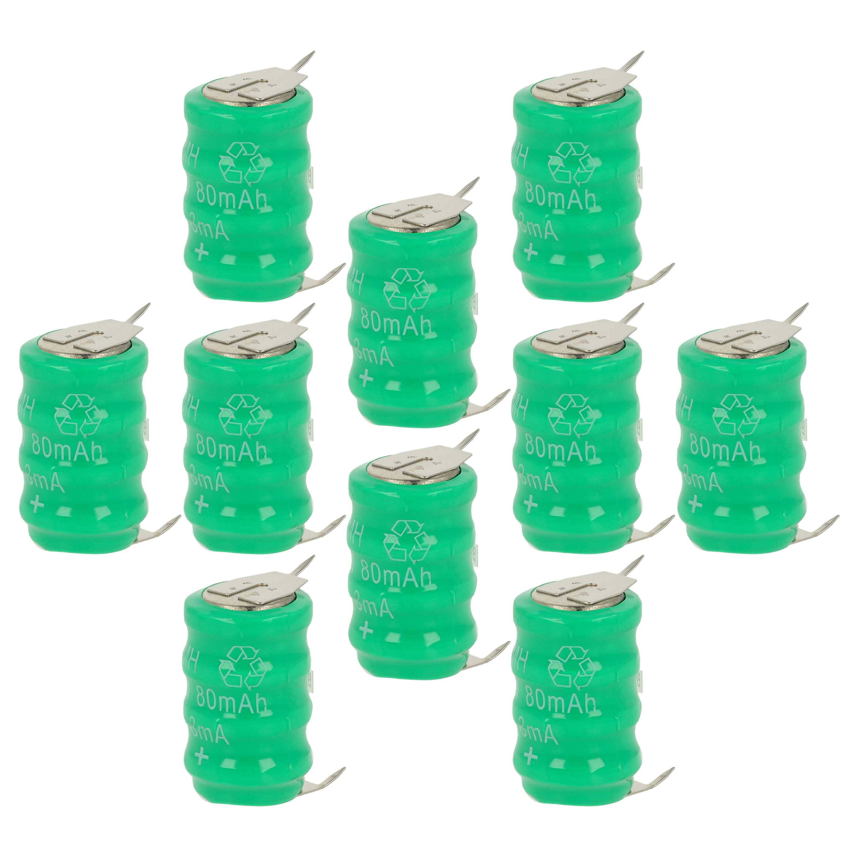 vhbw 10x NiMH Ersatz Knopfzellen-Akku Typ V80H 3-Pins 80mAh 4,8V kompatibel mit Modellbau-Akkus, Solar-Leuchten uvm.