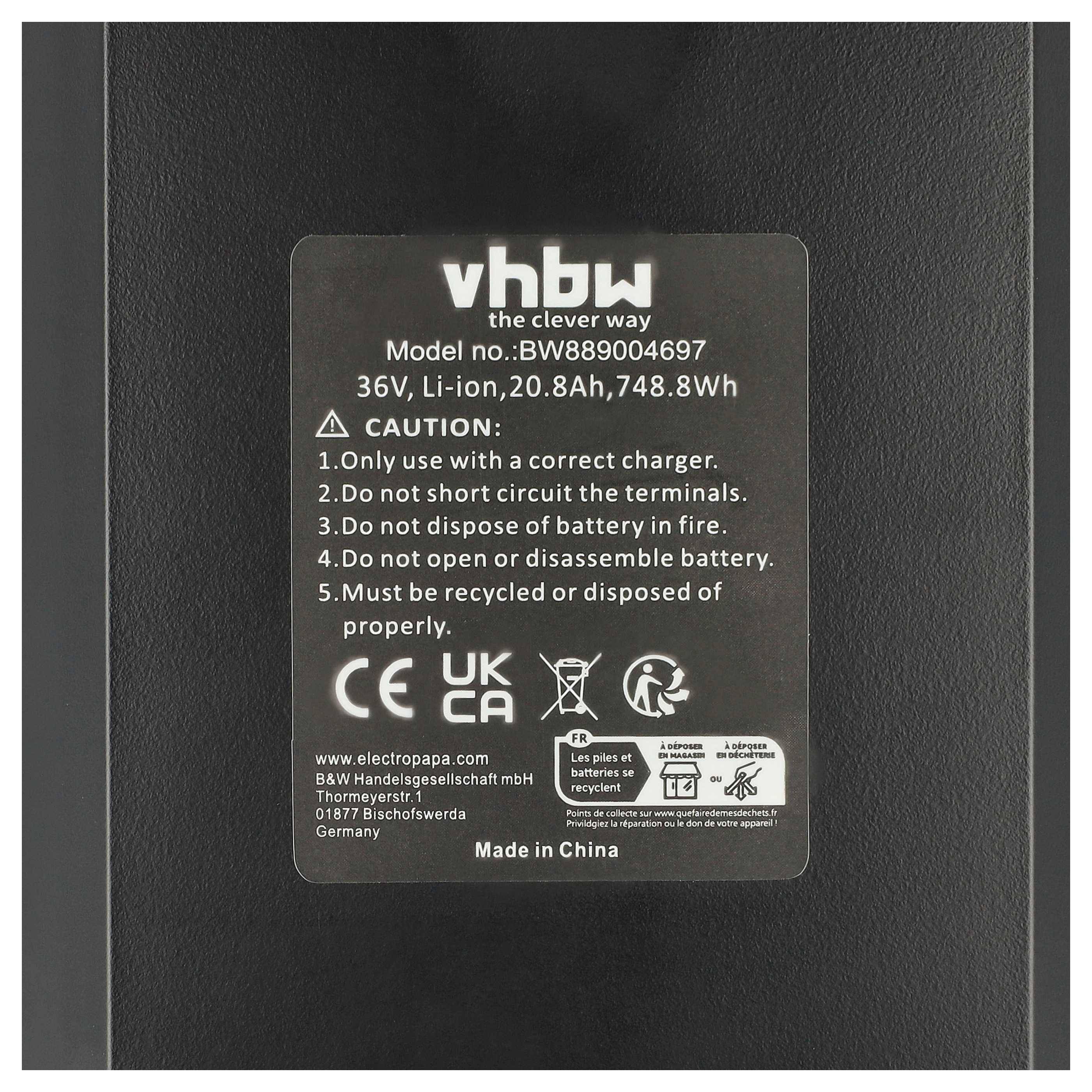 vhbw Akku für E-Bike Elektrofahrrad mit 100 W, 350 W, 500W, 700 W Motoren (20,8 Ah, 36 V, Li-Ion) + Ladegerät - Schwarz