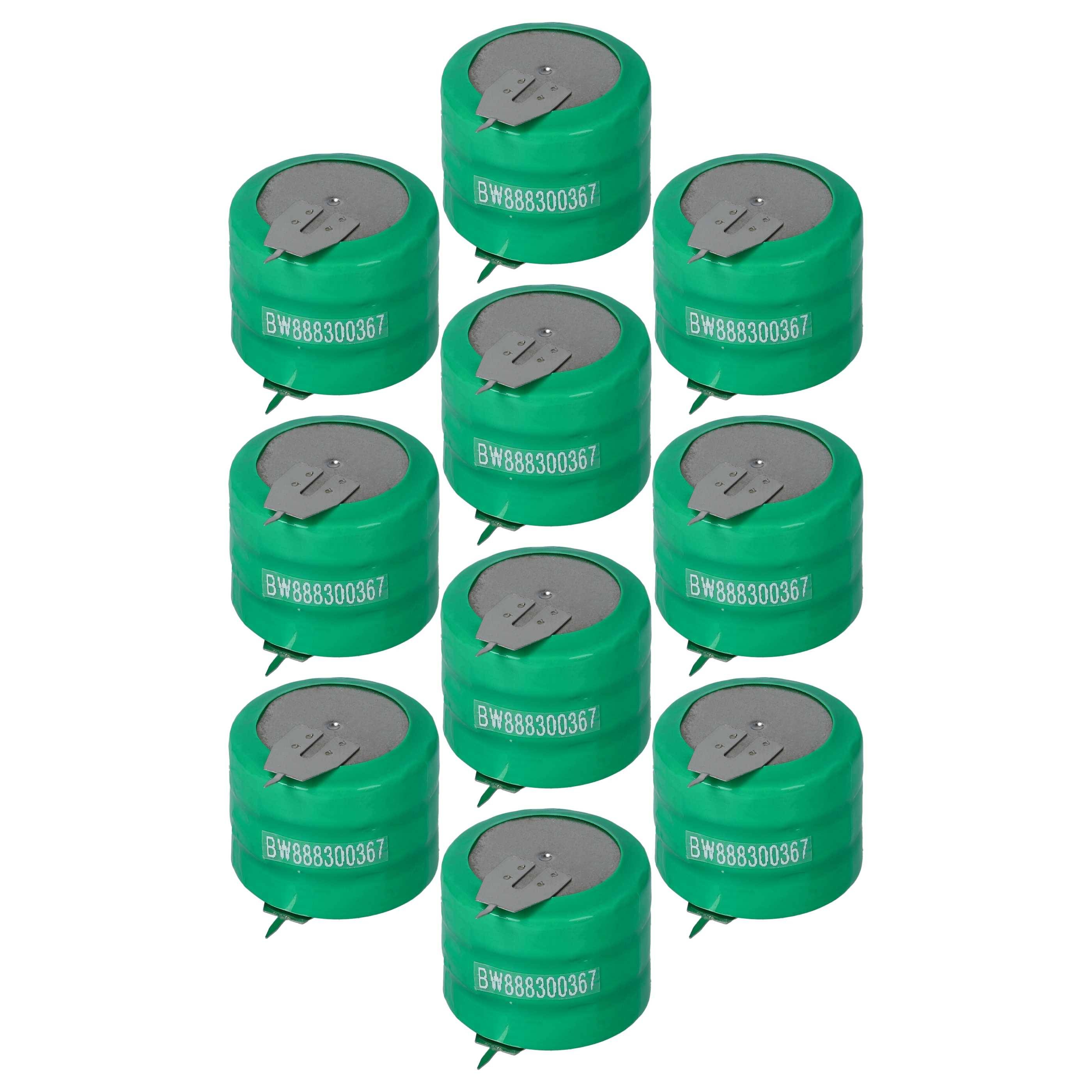 Zehn grüne zylindrische Batterien mit flachen Oberseiten, beschriftet mit 'BW888300367', in einem Rastermuster angeordnet.