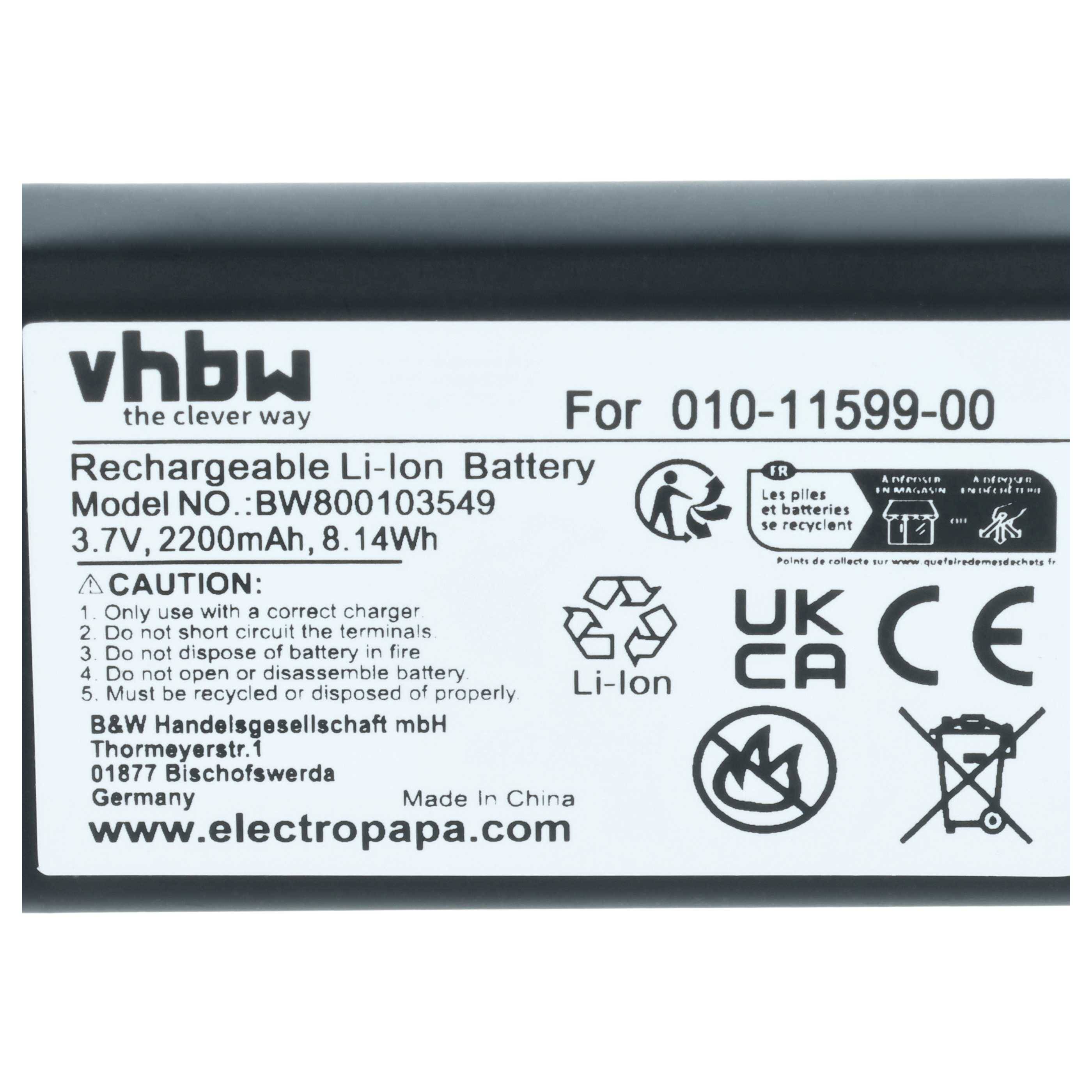 vhbw Akku Ersatz für Garmin 010-11654-03, 010-11599-00 für GPS Navigation Navi (2200 mAh, 3,7 V, Li-Ion)