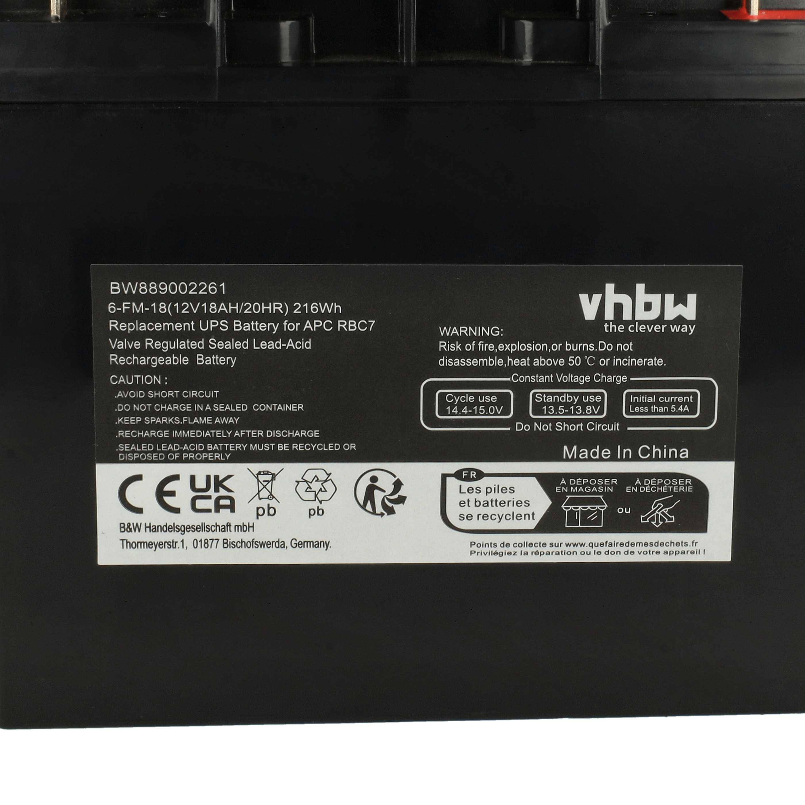 vhbw 2x Akku kompatibel mit APC Back-UPS Pro BP1400i, BP1400, BP1400X116 USV (18000 mAh, 12 V, AGM)
