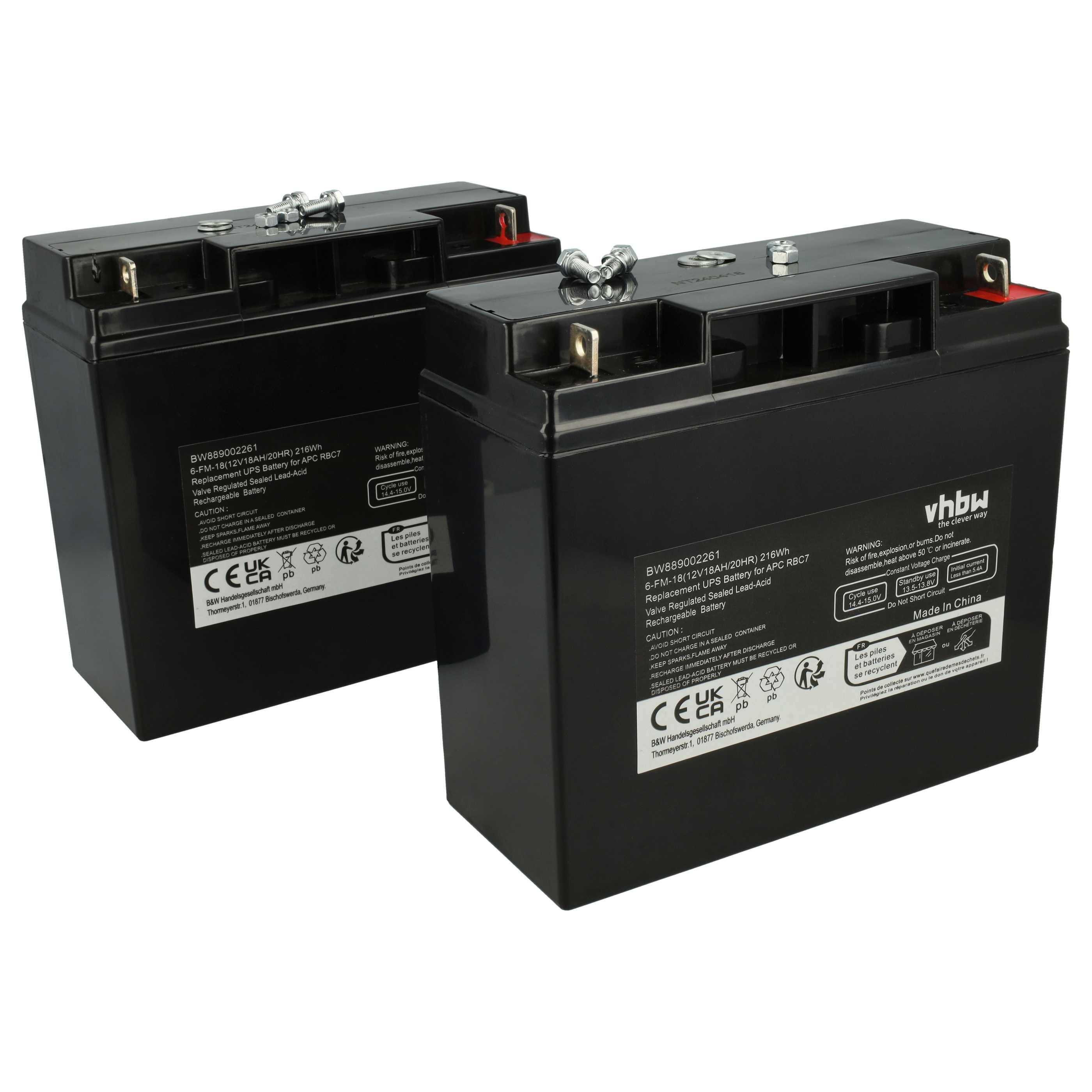 vhbw 2x Akku kompatibel mit APC SUA1000XL, SUA1500, SUA1000XLI, SU1400X93, SUA1500I, SU700XL, SU1400X106, SU1400X145 USV (18000 mAh, 12 V, AGM)