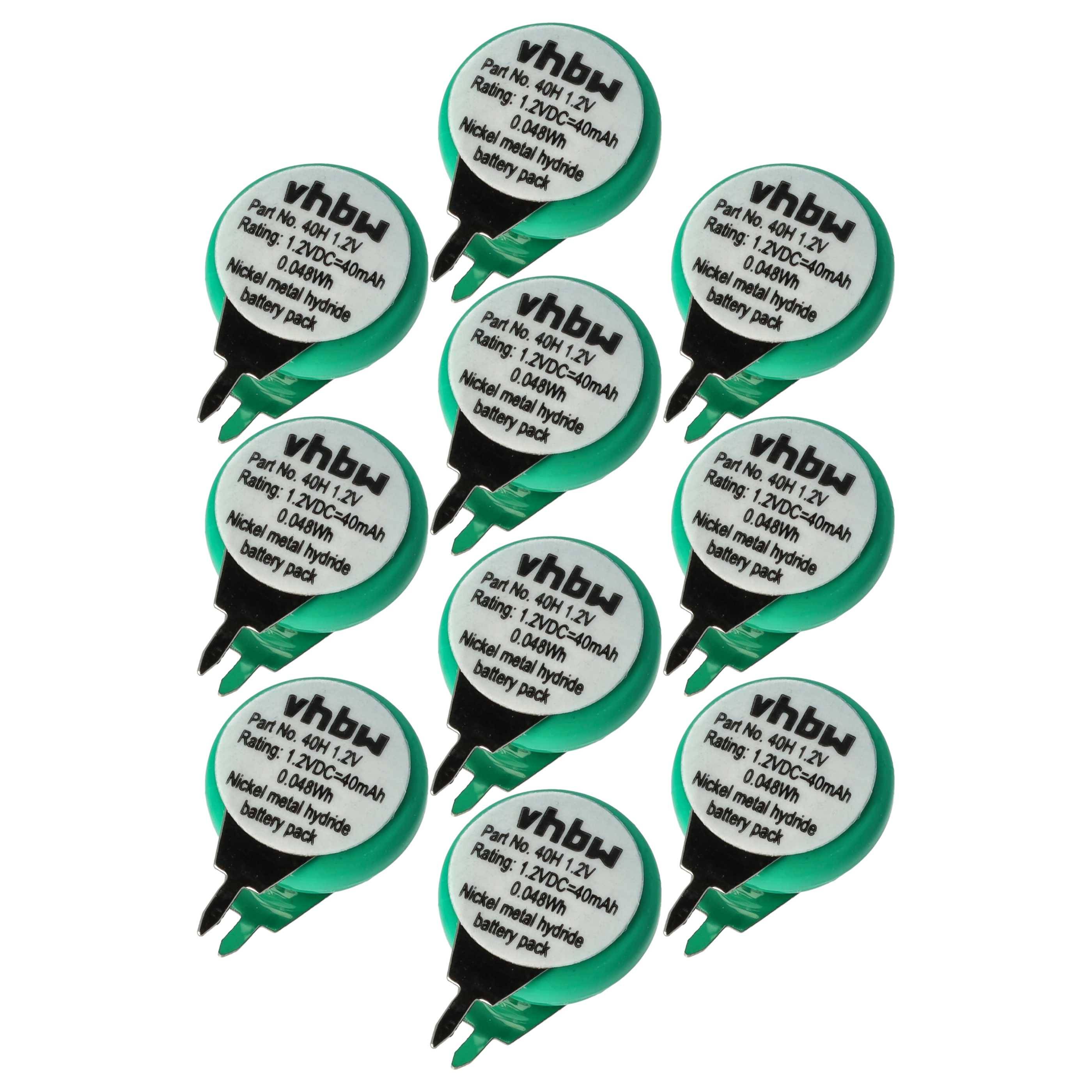 vhbw 10x NiMH Ersatz Knopfzellen-Akku Typ 1/V40H 2-Pins 40mAh 1,2V kompatibel mit Modellbau-Akkus, Solar-Leuchten uvm.