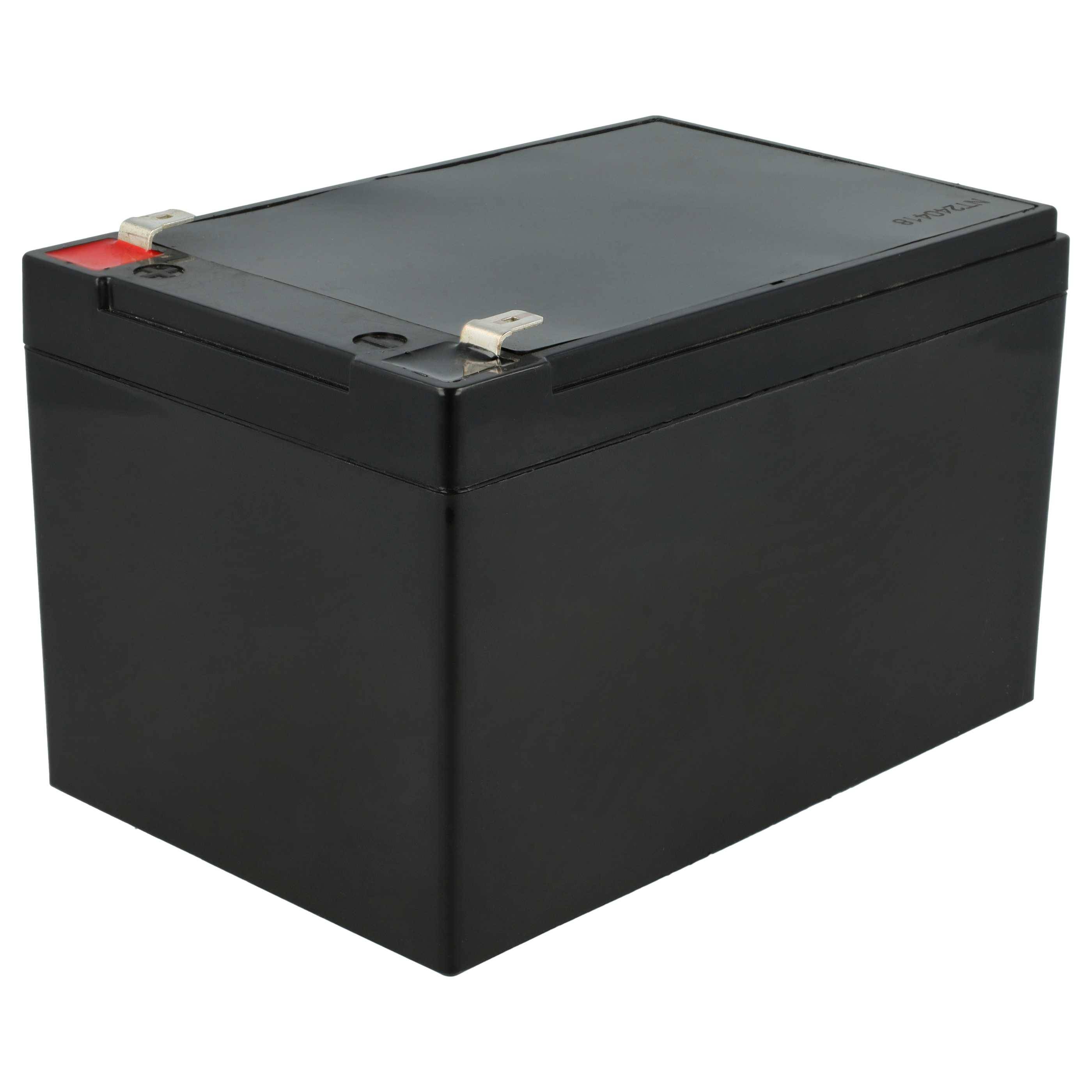 Schwarze rechteckige versiegelte Blei-Säure-Batterie mit roten und schwarzen Anschlüssen auf weißem Hintergrund.