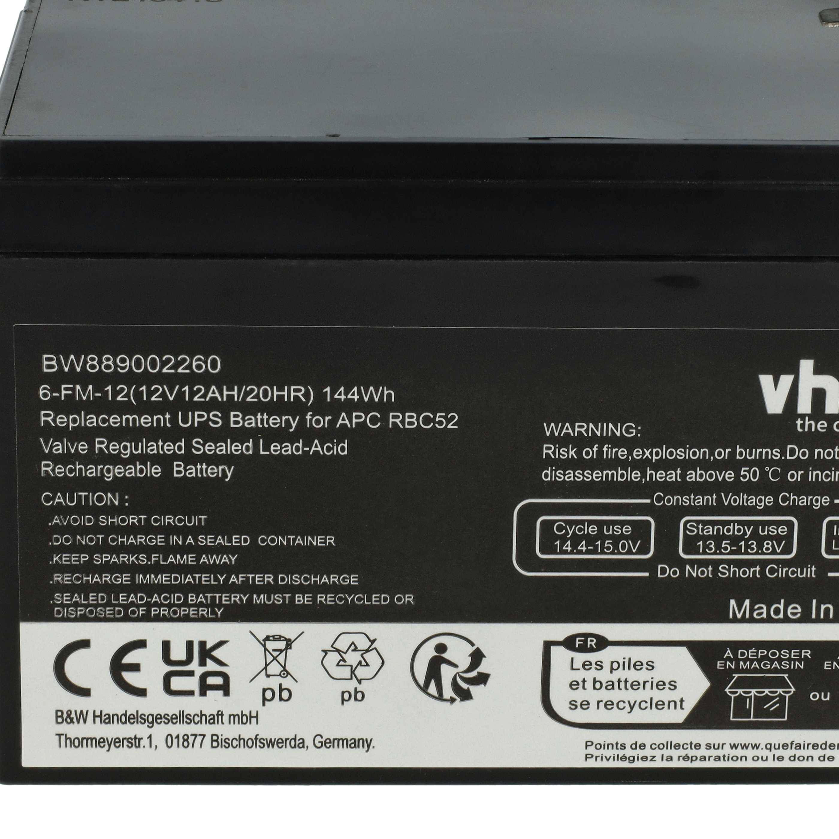 Etikett auf einer Ersatz-Blei-Säure-USV-Batterie, Modell BW889002260, 12V 12Ah, 144Wh, Sicherheitswarnungen, Recycling-Symbole und CE/UKCA-Zeichen.