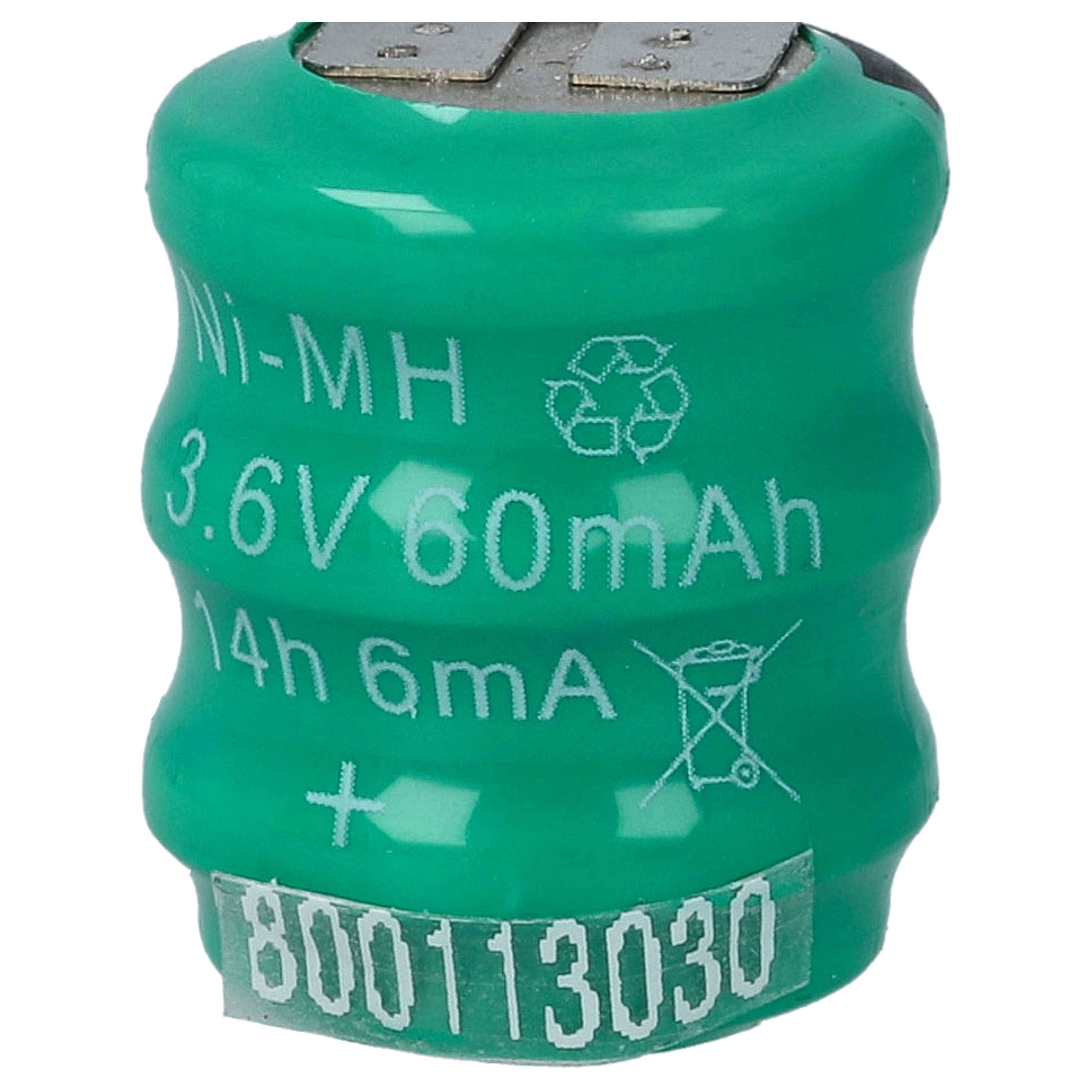 Grüne zylindrische Batterie mit der Aufschrift „Ni-MH 3,6V 60mAh 14h 6mA