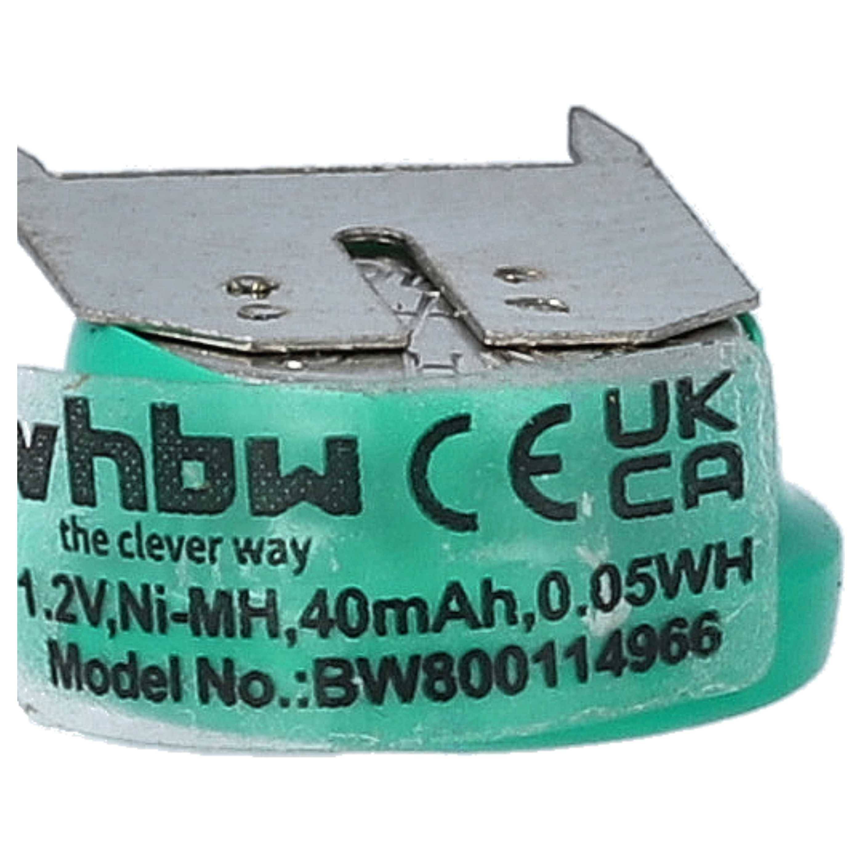 Draufsicht eines grünen Akkus mit der Beschriftung „vhbw 1,2V, Ni-MH, 40mAh, 0,05Wh. Modellnr. BW800114966
