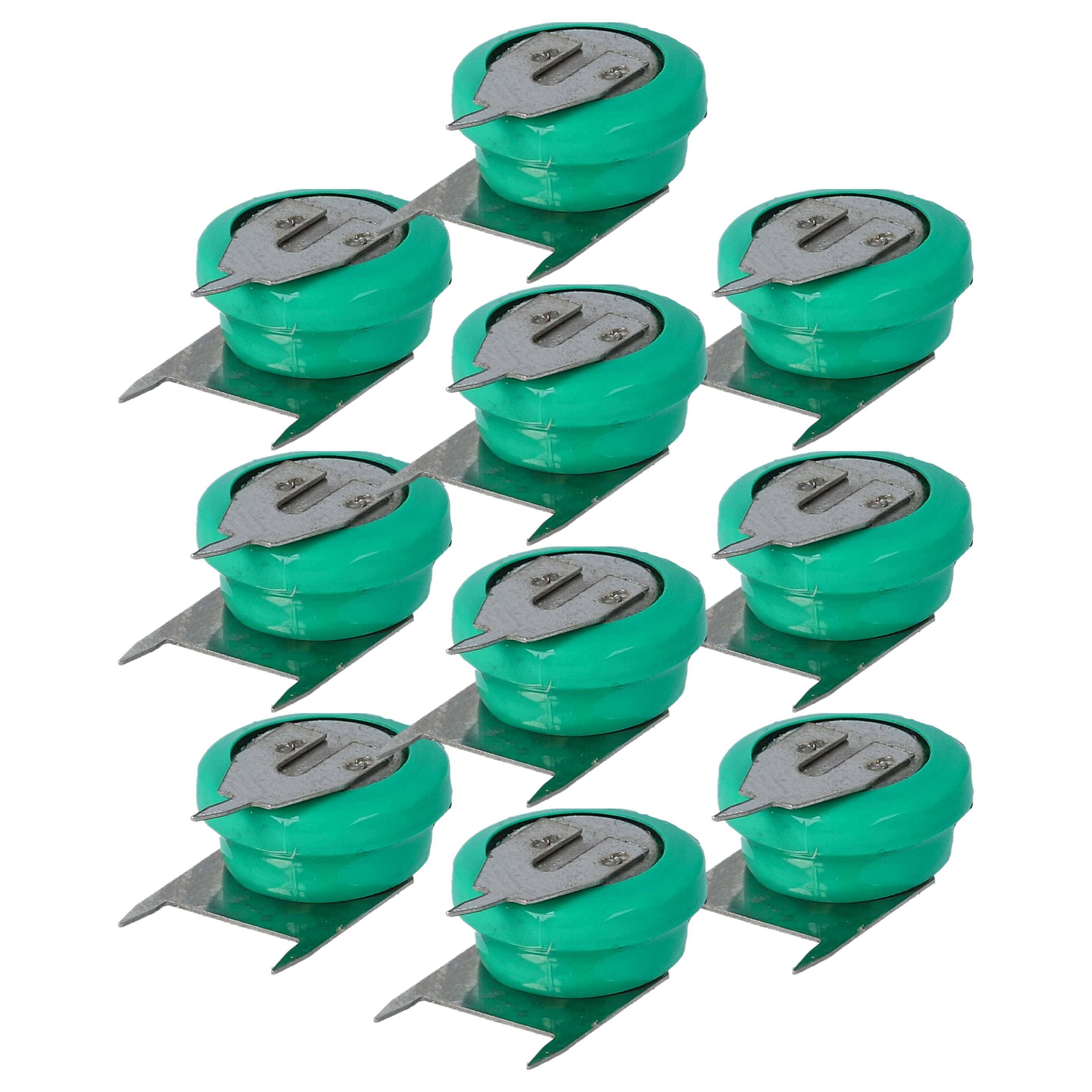 Zehn grüne runde Batterien mit Metallfahnen in vier Reihen angeordnet, verwendet für elektronische Geräte.