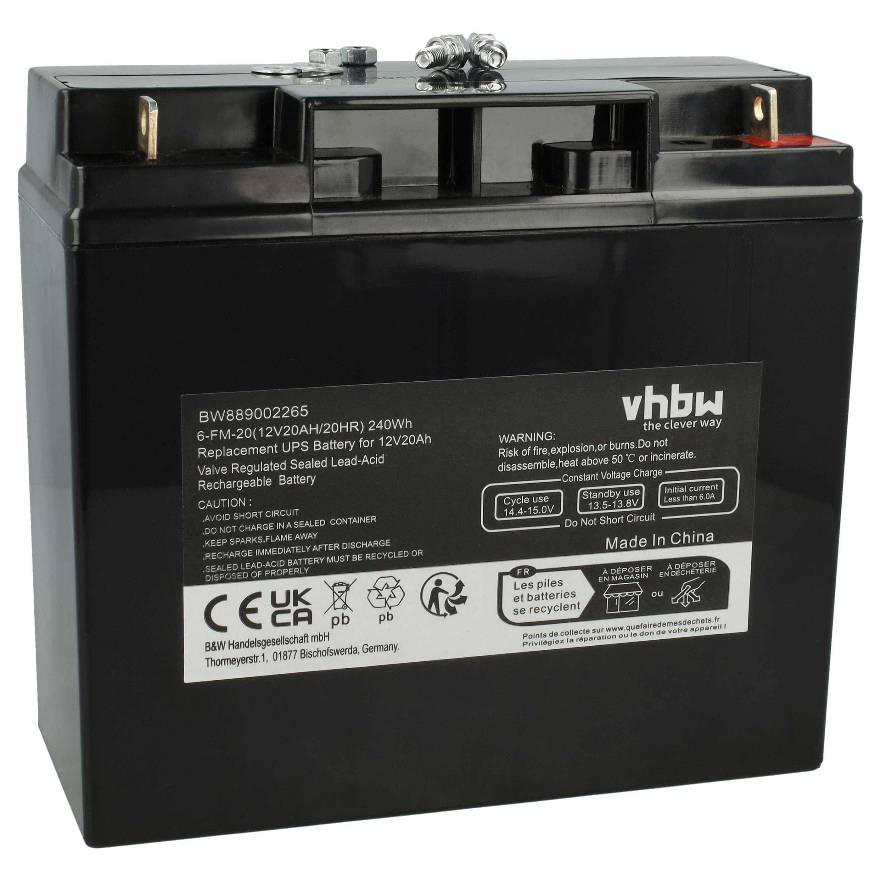 Wiederaufladbare schwarze Blei-Säure-Batterie mit Anschlüssen und einem vhbw-Etikett, das Ersatzbatterie-Spezifikationen und Warnungen anzeigt.