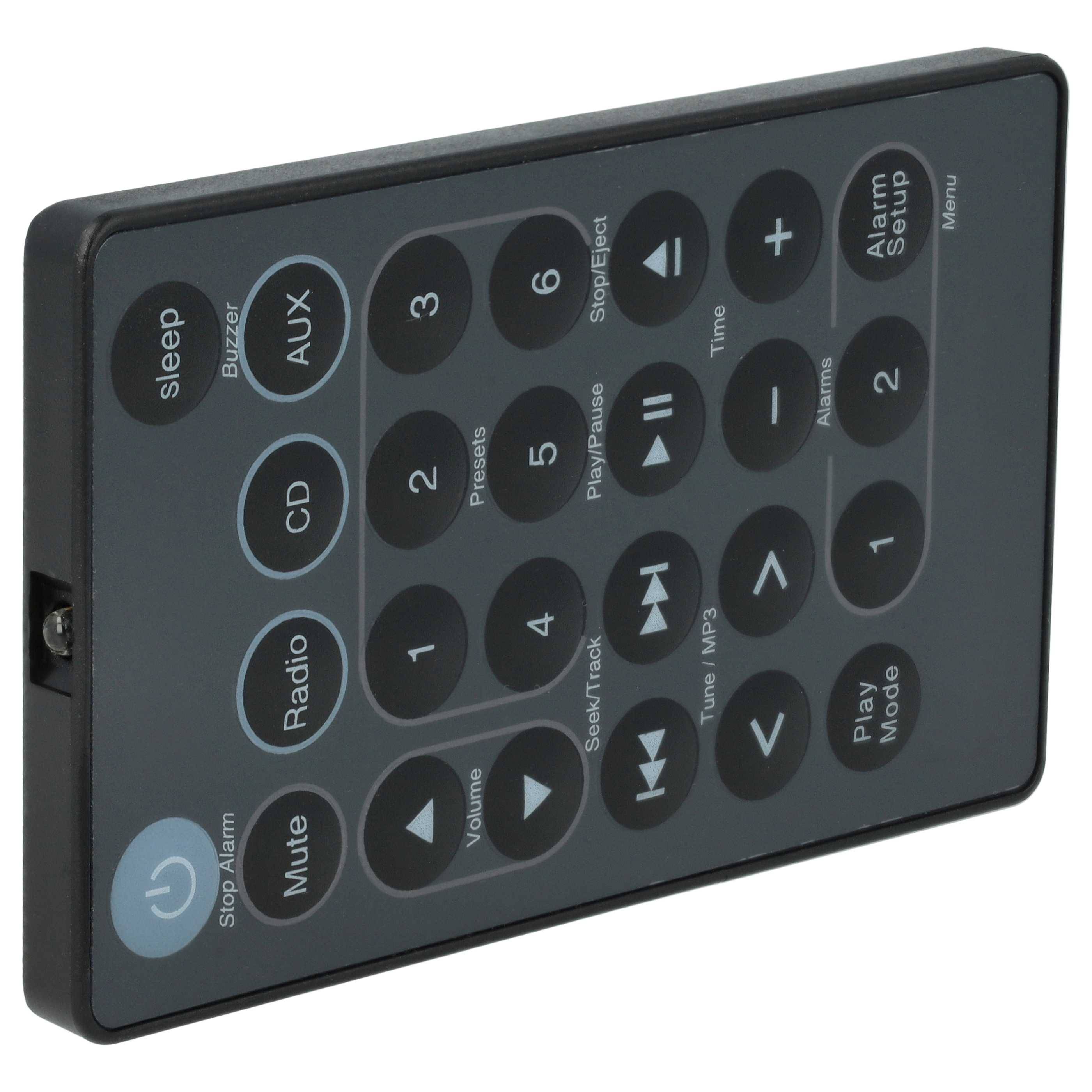 Schwarze Fernbedienung mit Power-, Stumm-, Radio-, CD-, AUX-, Schlaf-, Play/Pause-, Lautstärke-, Titel- und Alarm-Tasten.