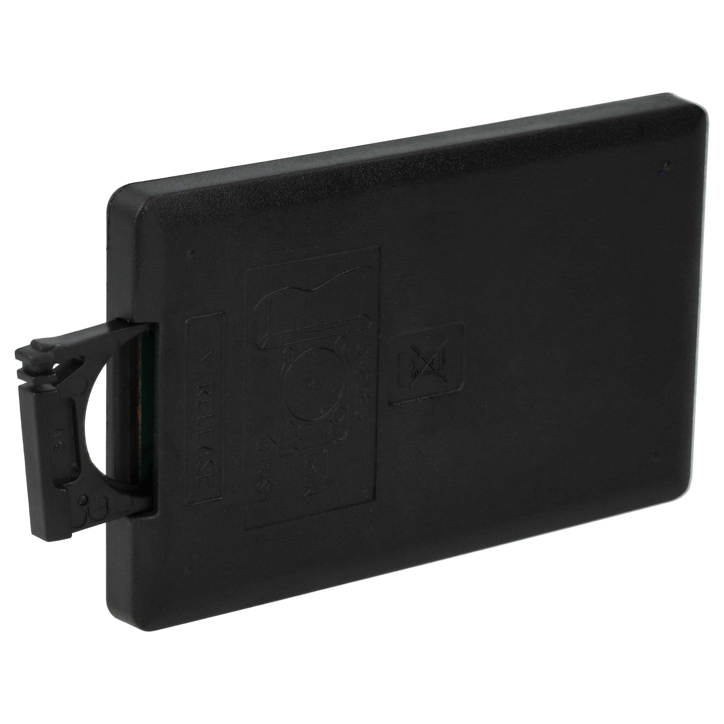 Schwarze rechteckige Kunststoffpatrone oder Batteriepack mit seitlichem Griffgriff, auf weißem Hintergrund dargestellt.